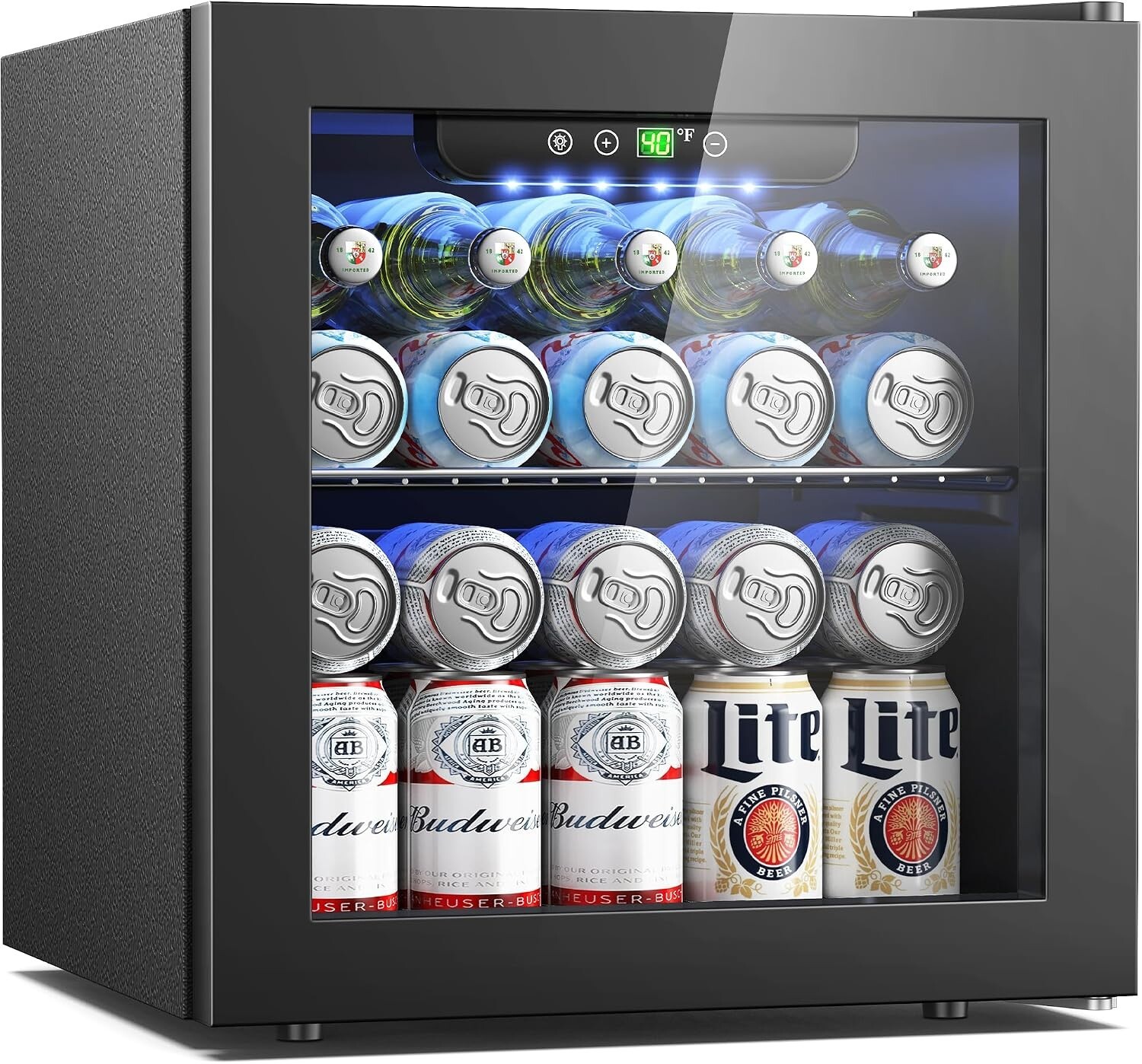 50 Can Beverage Fridge 1.3 Cu Ft Mini Cooler Glass Door LED Black 115V