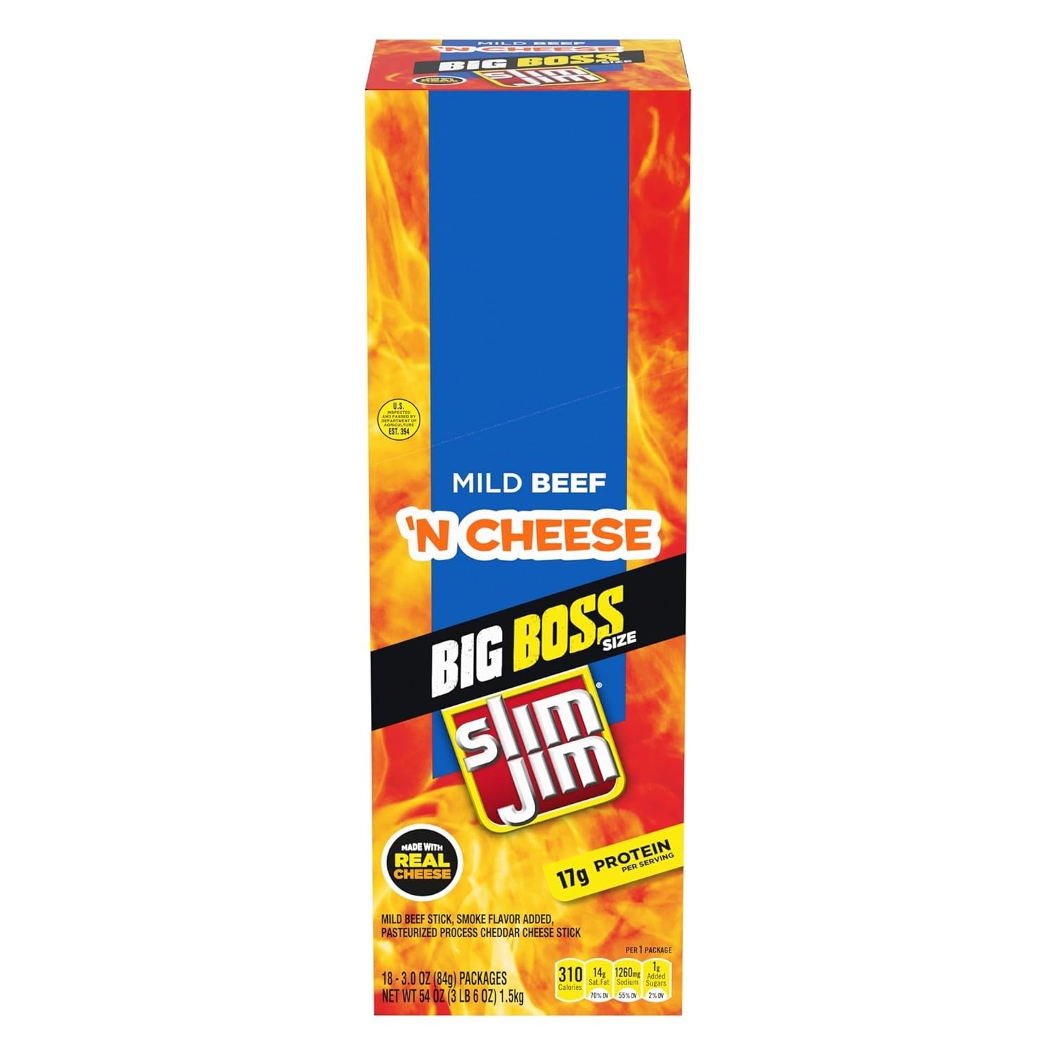 Big Boss 2X Beef ‘N Cheese Sticks – 18 Count, Mild Flavor for Protein Boost