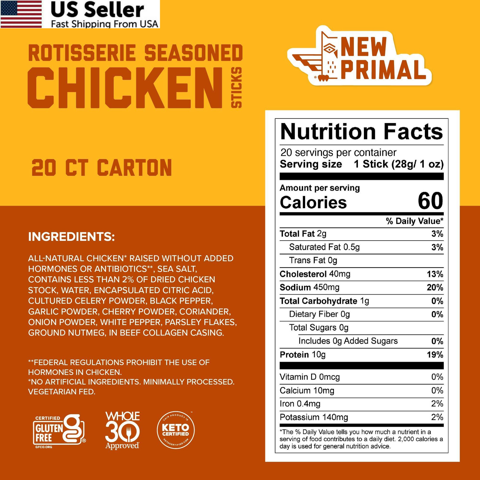 New Primal Rotisserie Chicken Sticks, Zero Sugar High 1 Ounce (Pack of 20)