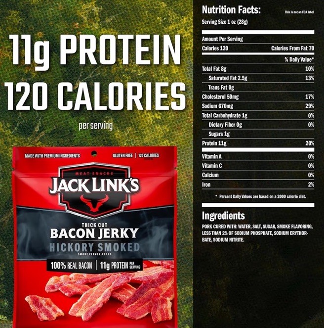 Jack Link’s Bacon Jerky, Hickory Smoked, 2.5 oz. Bag (Pack of 4)