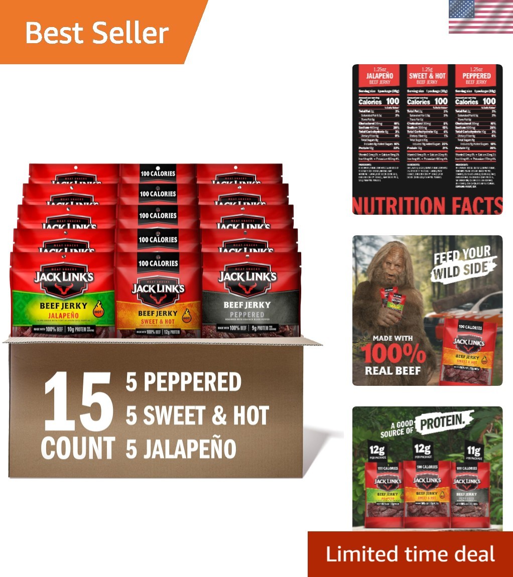 Protein-Packed Beef Jerky Variety Pack – 15 Convenient 1.25 oz Single Serve Bags