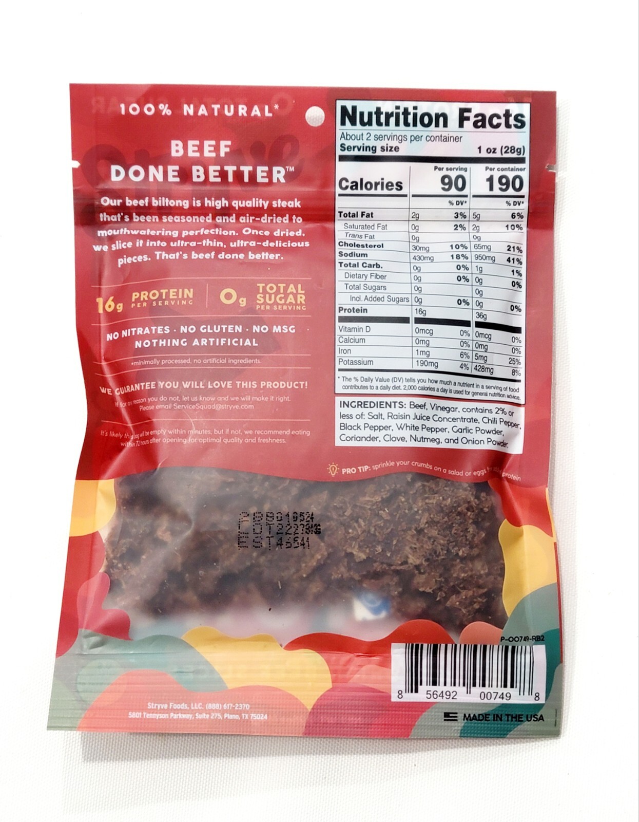 Stryve BILTONG Spicy Peri Peri 100% All Natural Beef W/ 16g Protein Steak Jerkey
