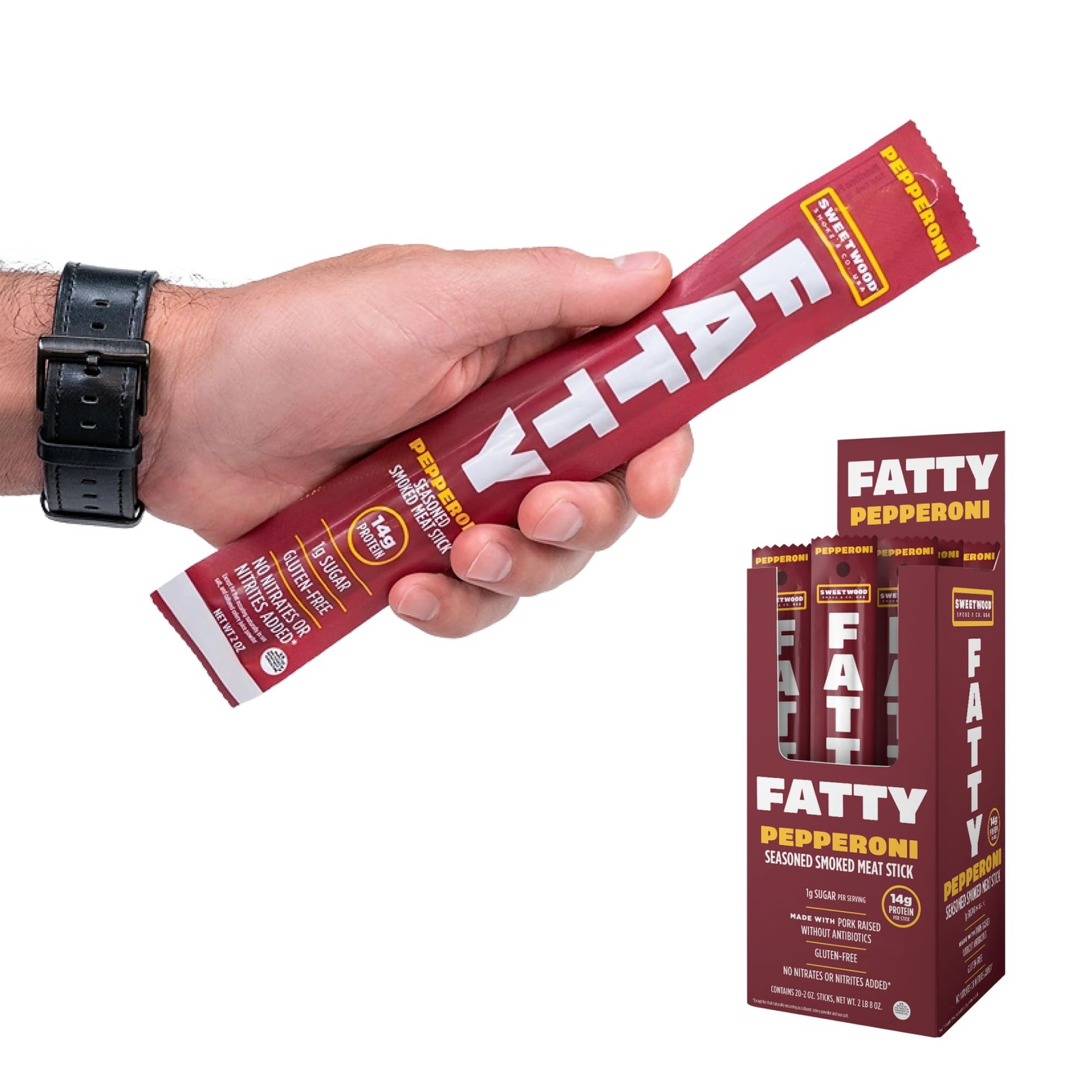 FATTY Smoked Pork Meat Sticks Raised Without Antibiotics, Pepperoni Flavor, 1…