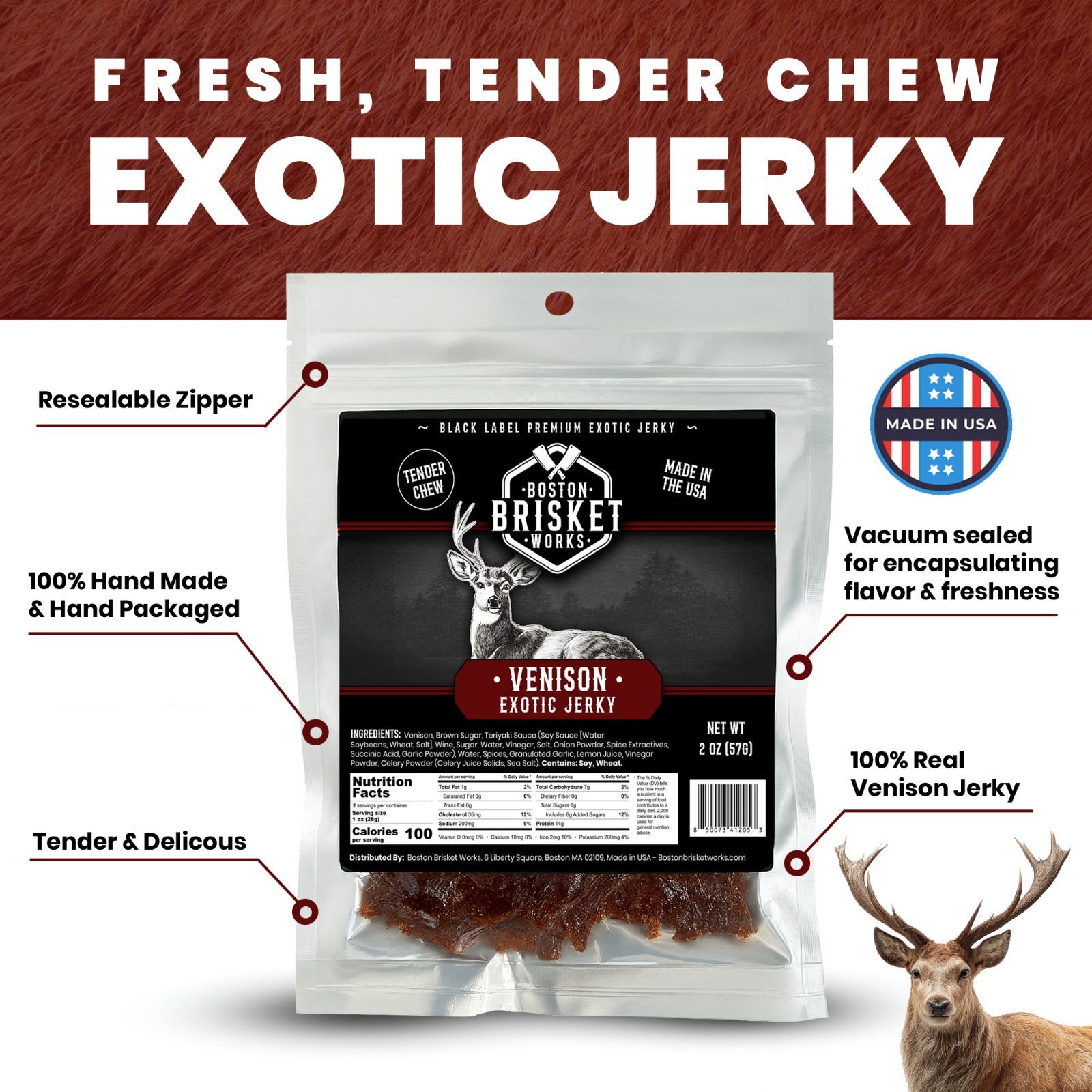 VENISON JERKY – Exotic Wild Game Snack – Made in the USA – Fast Shipping!
