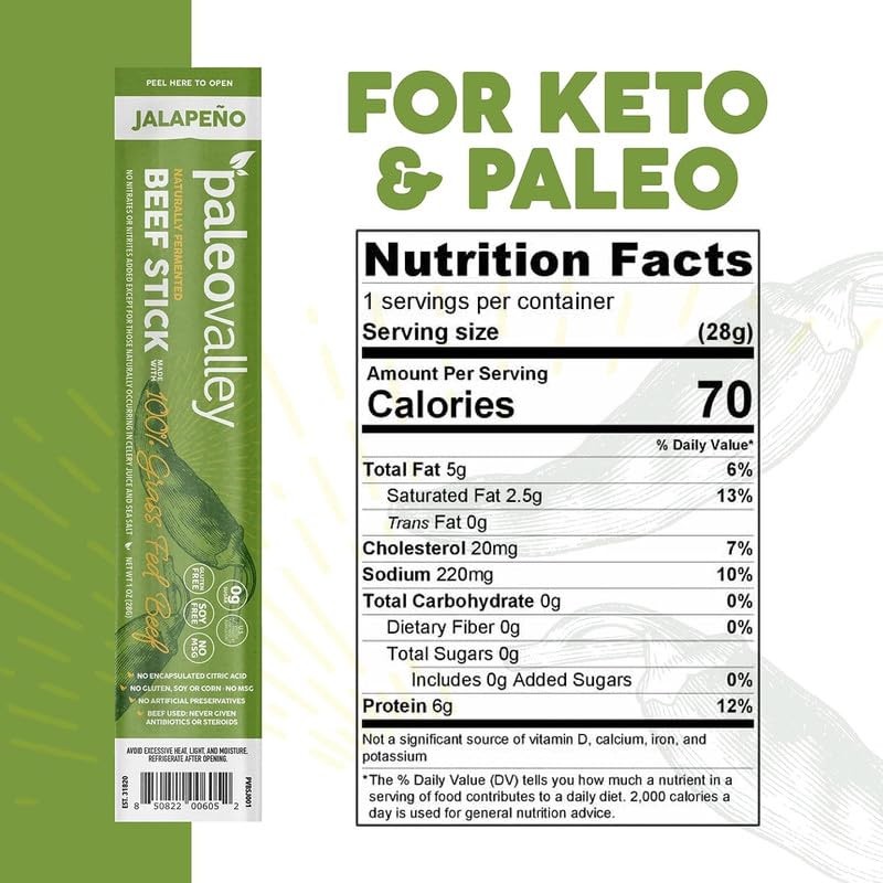Paleovalley 100% Grass Fed Jalapeno Beef Sticks – 1 Ounce (Pack of 10)