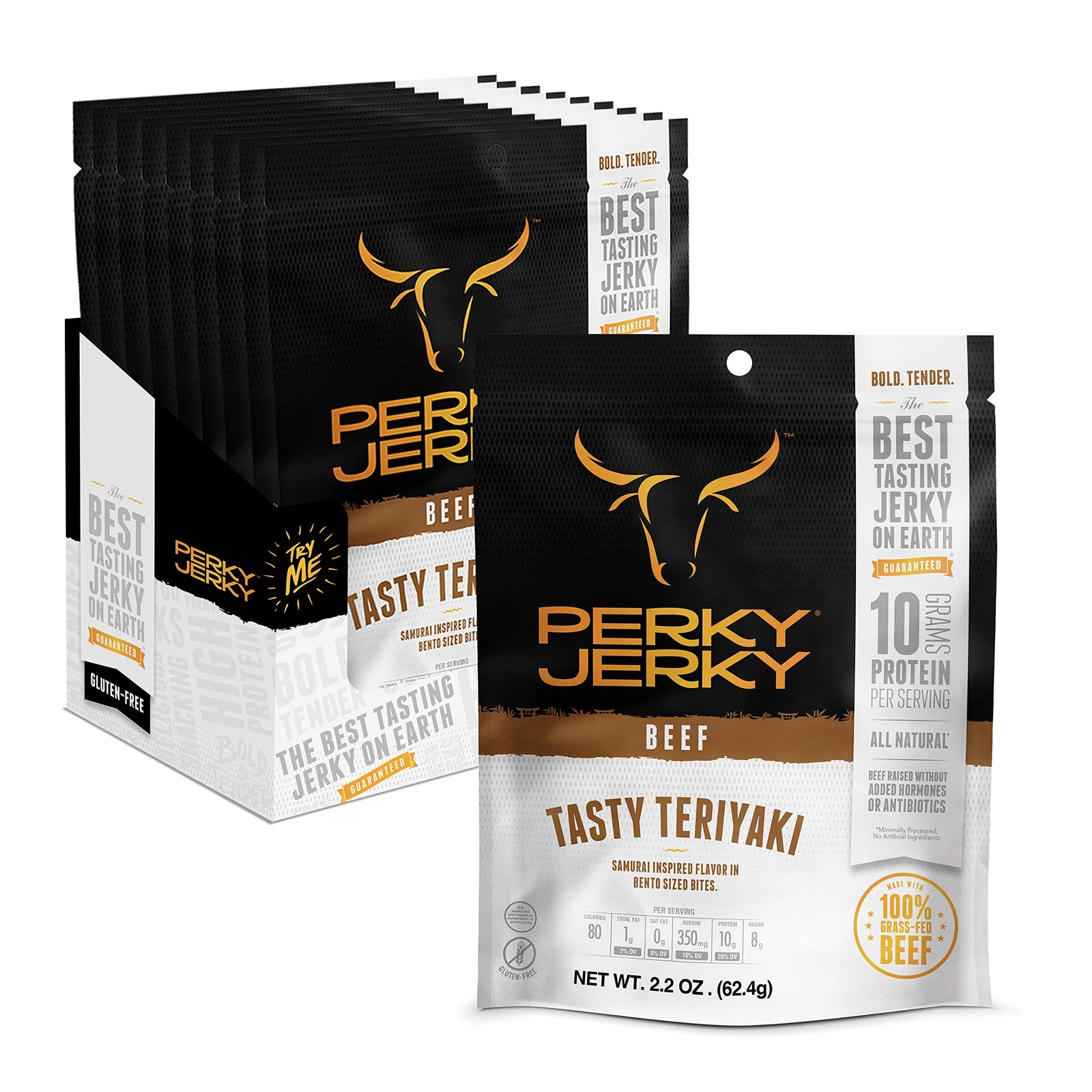 Perky Jerky Teriyaki 100% Grass Fed Beef 2.2oz 12 Pack 10g Protein Low Fat