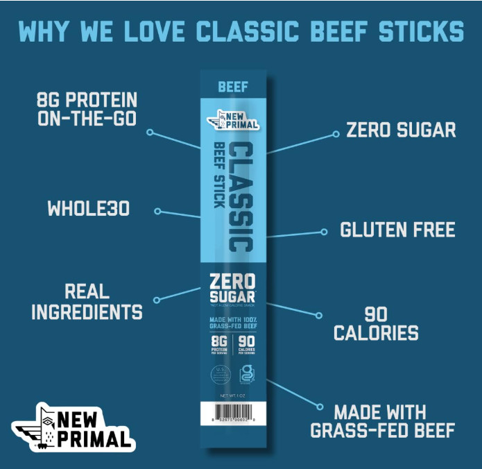 The New Primal Grass-Fed Beef Sticks – 20 Pack, Keto & Low Carb
