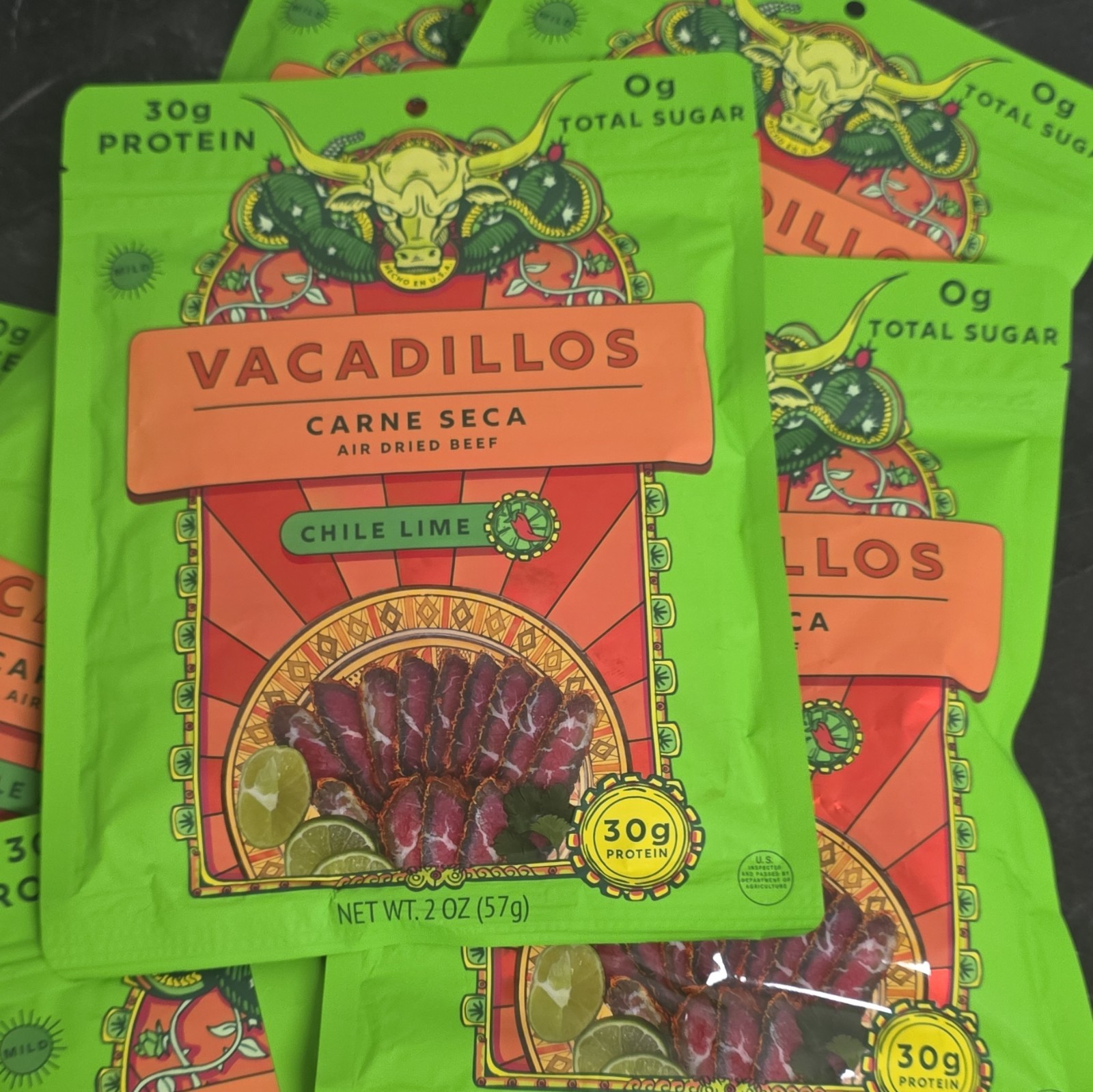 Vacadillos Carne Seca Air Dried Beef Jerky Chile Lime 2 oz (8 Pack)