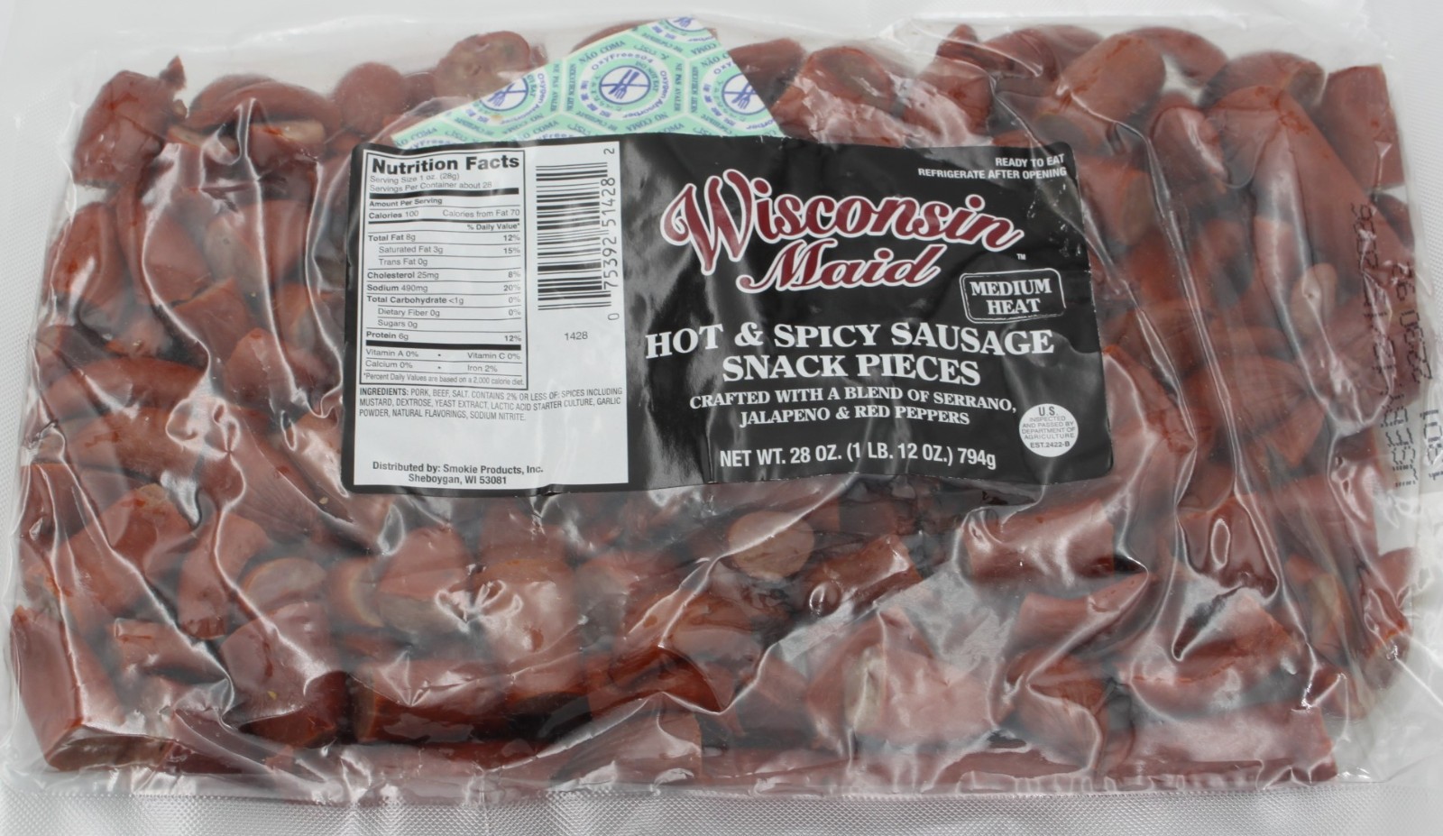 Wisconsin Maid Hot & Spicey Sausage Snack Pieces Medium Heat 28 oz BB 12/2026