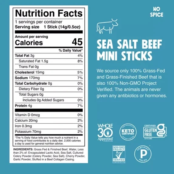 Sea Salt Beef Mini Jerky Snack Sticks Zero Sugar, 6 Count Free Shipping in 2 Day