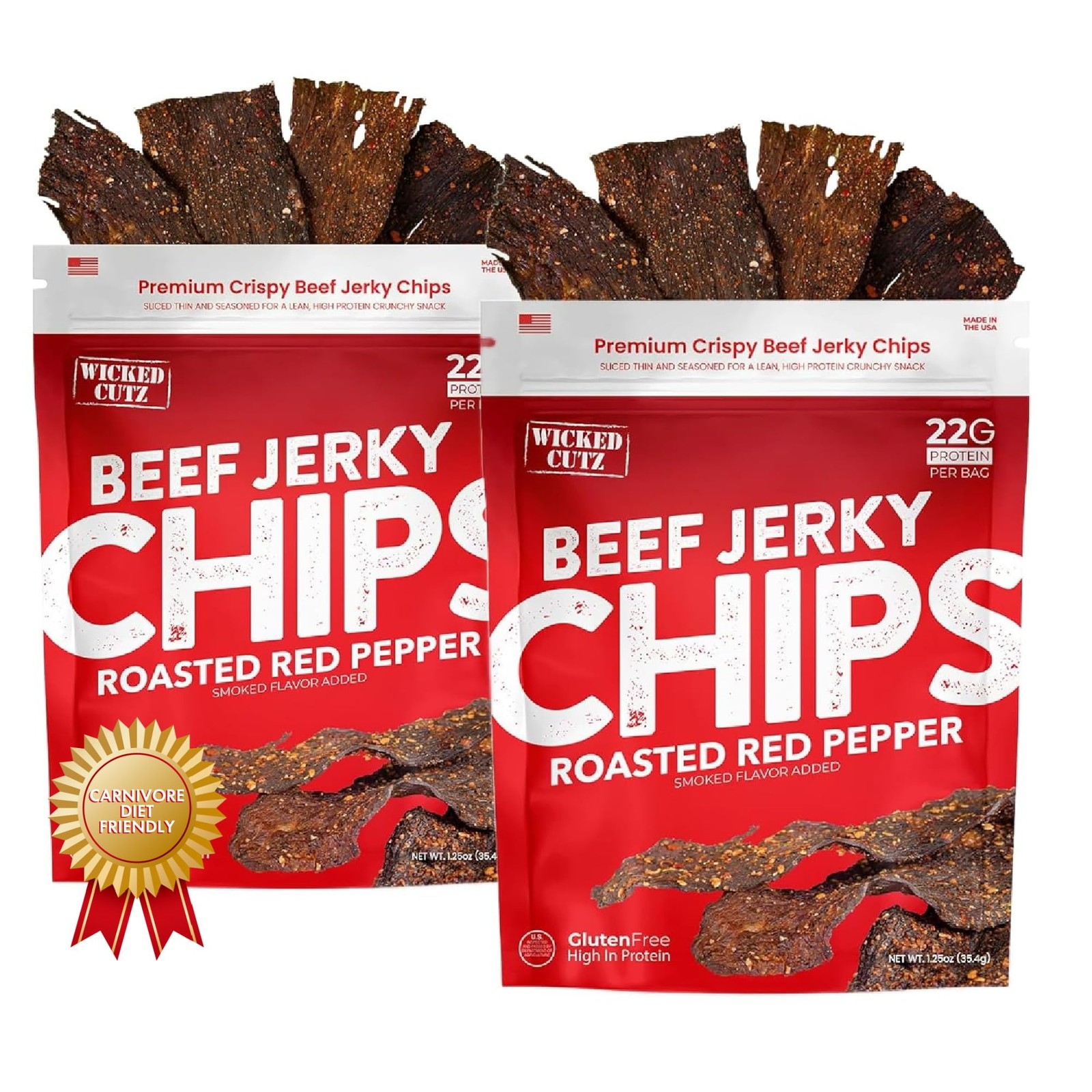 Wicked Cutz Roasted Red Pepper Beef Jerky Chips, 22g Protein per Bag, Crispy …