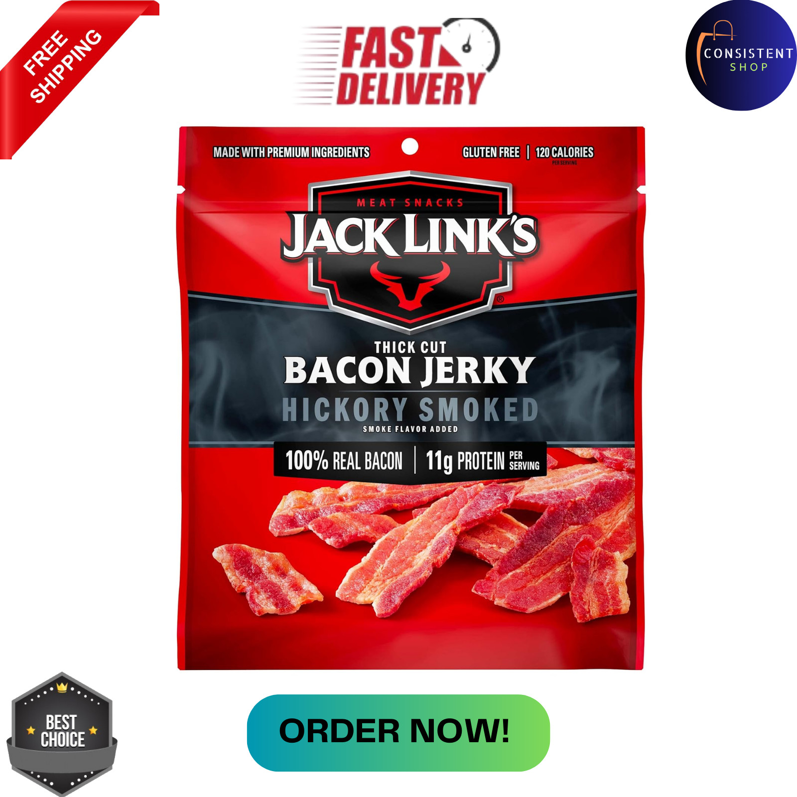 Jack Link’S Bacon Jerky, Hickory Smoked, 2.5 Oz. Bag-Flavorful Ready to Eat Meat
