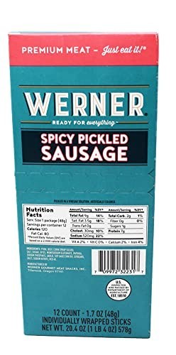 Spicy Pickled Sausage Pack of 24 – Pork & Beef Snack Sticks, 1.7 oz Each