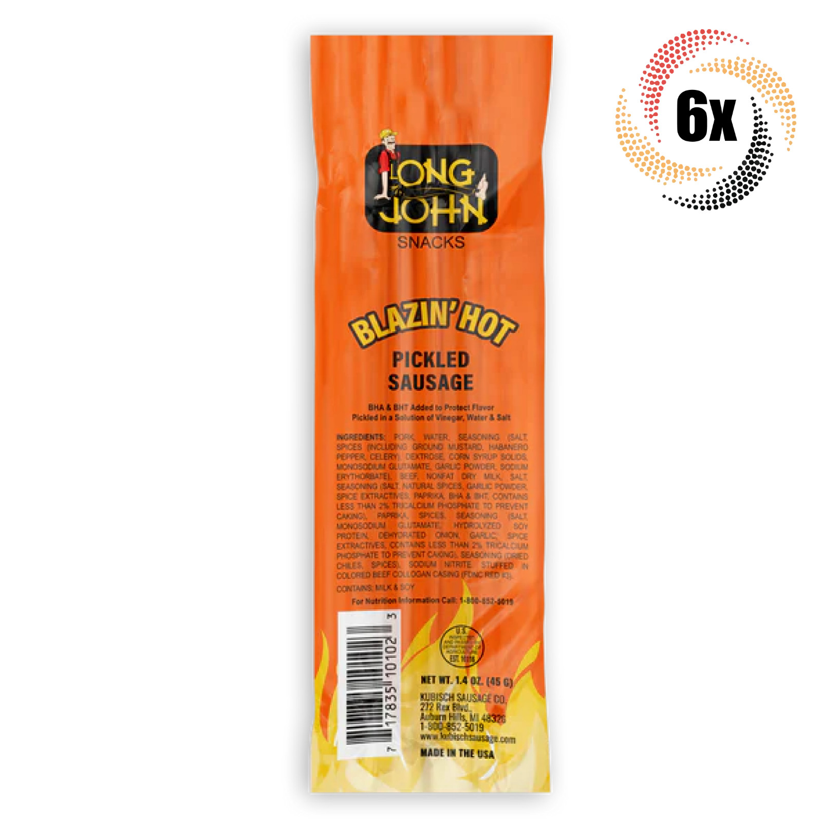 6x Sticks Long John Blazin’ Hot Pickled Spicy Sausage Meat Snack | 1.4oz