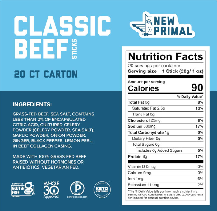 The New Primal Grass-Fed Beef Sticks – 20 Pack, Keto & Low Carb