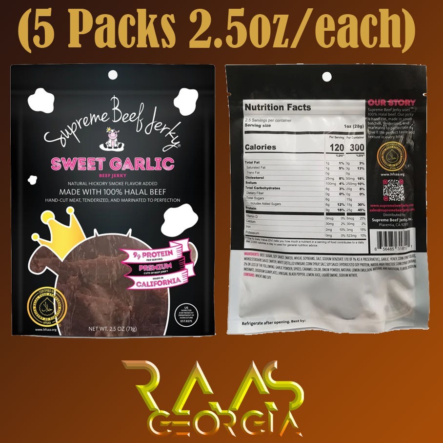 5-Pack Halal Supreme Beef Jerky- 2.5 oz/each- Select from 7 Flavors!