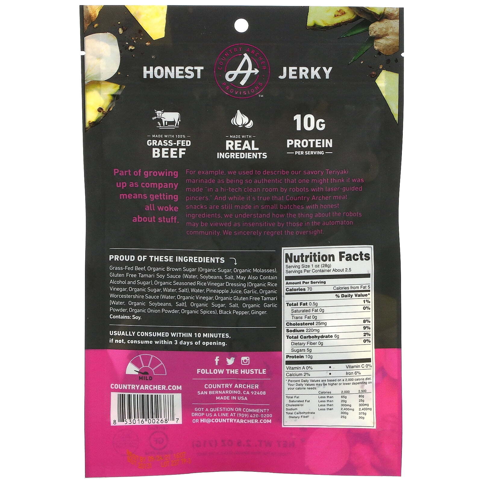 Country Archer Gluten Free Grass-Fed Beef Jerky Teriyaki 2.5 oz