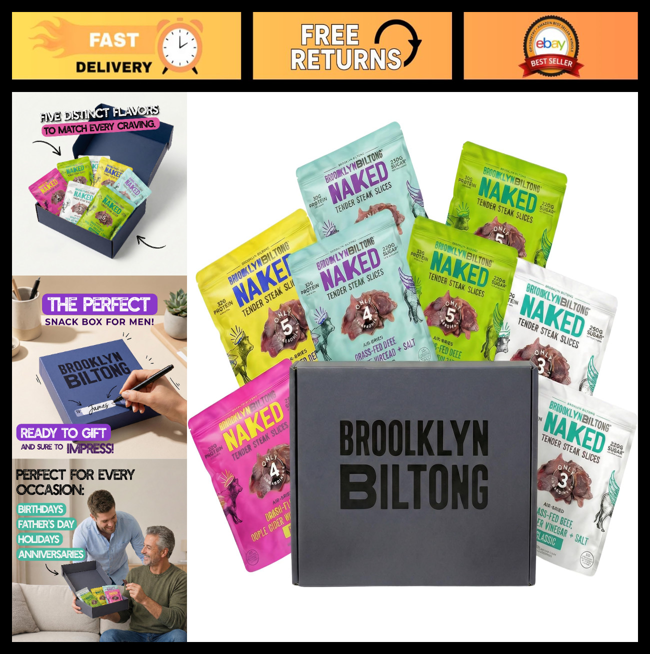 Grass Fed Beef Biltong Gift Box – 8 Pack, Air-Dried Jerky, Keto, Paleo, Whole30