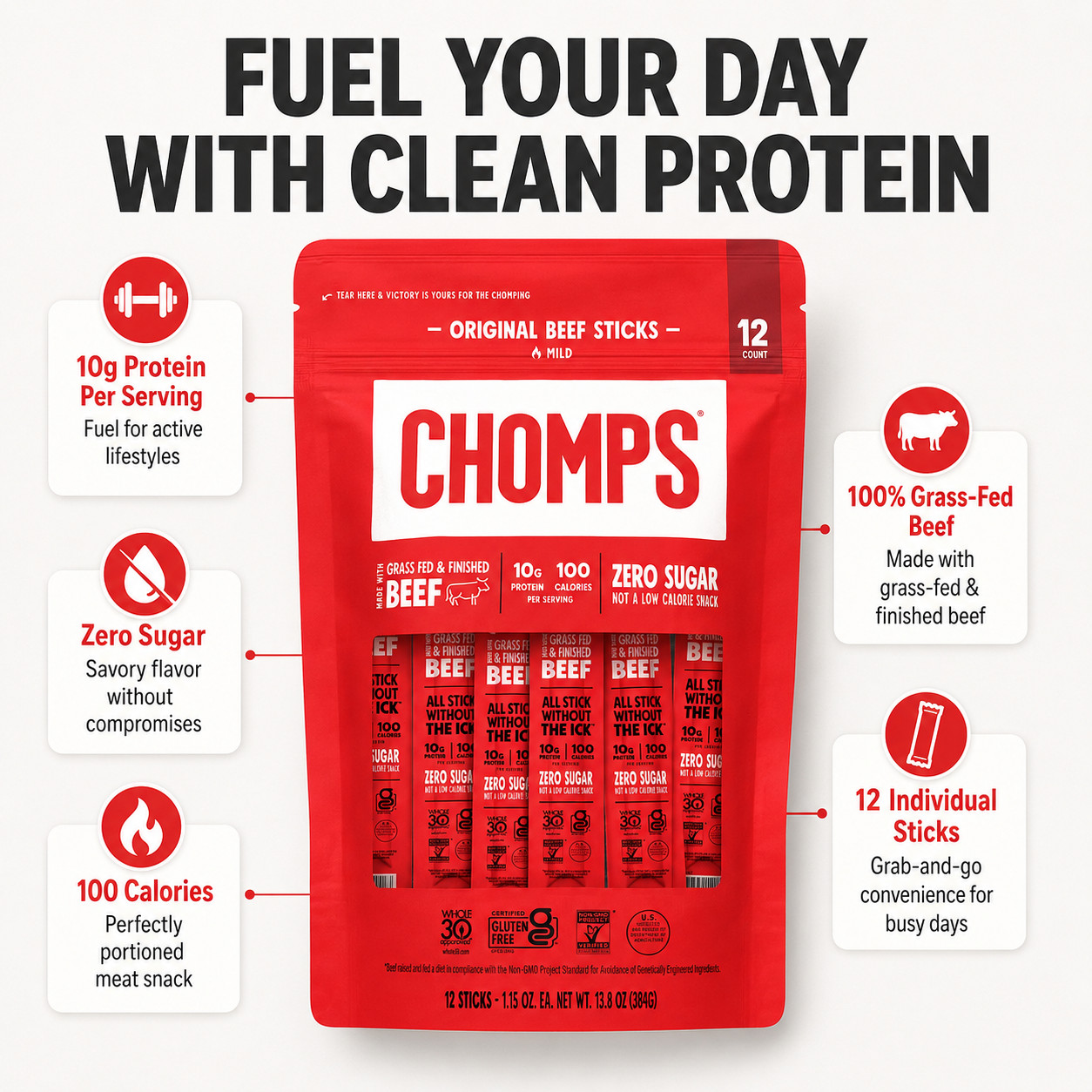Chomps Original Beef Sticks, Mild, 12 Individually Wrapped Sticks
