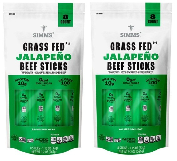 Simms Grass Fed Jalapeno Beef Sticks Individually Wrapped, 8 Count (2 Bags)