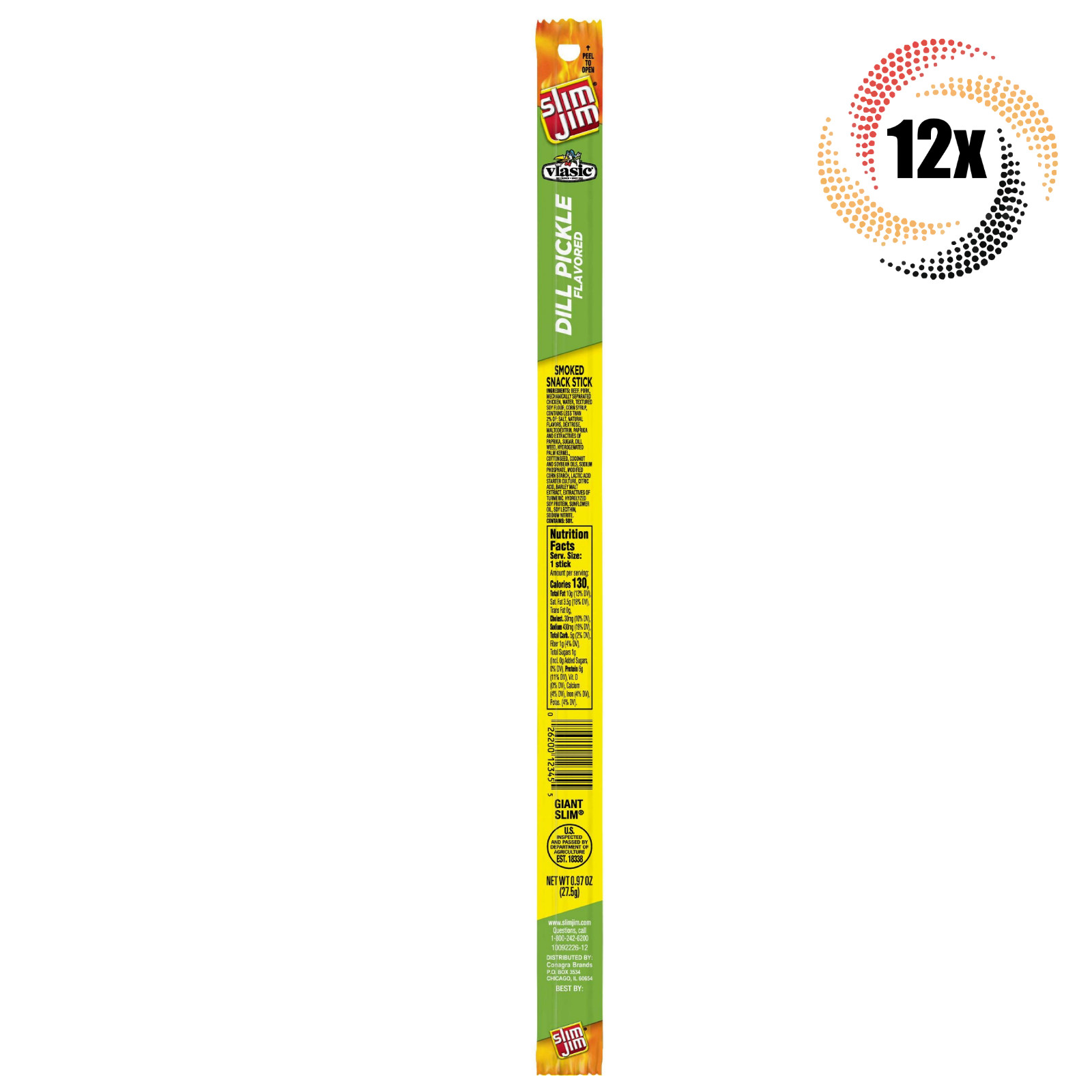 12x Sticks Slim Jim Vlasic Dill Pickle Flavor Giant Snack Sticks | .97oz