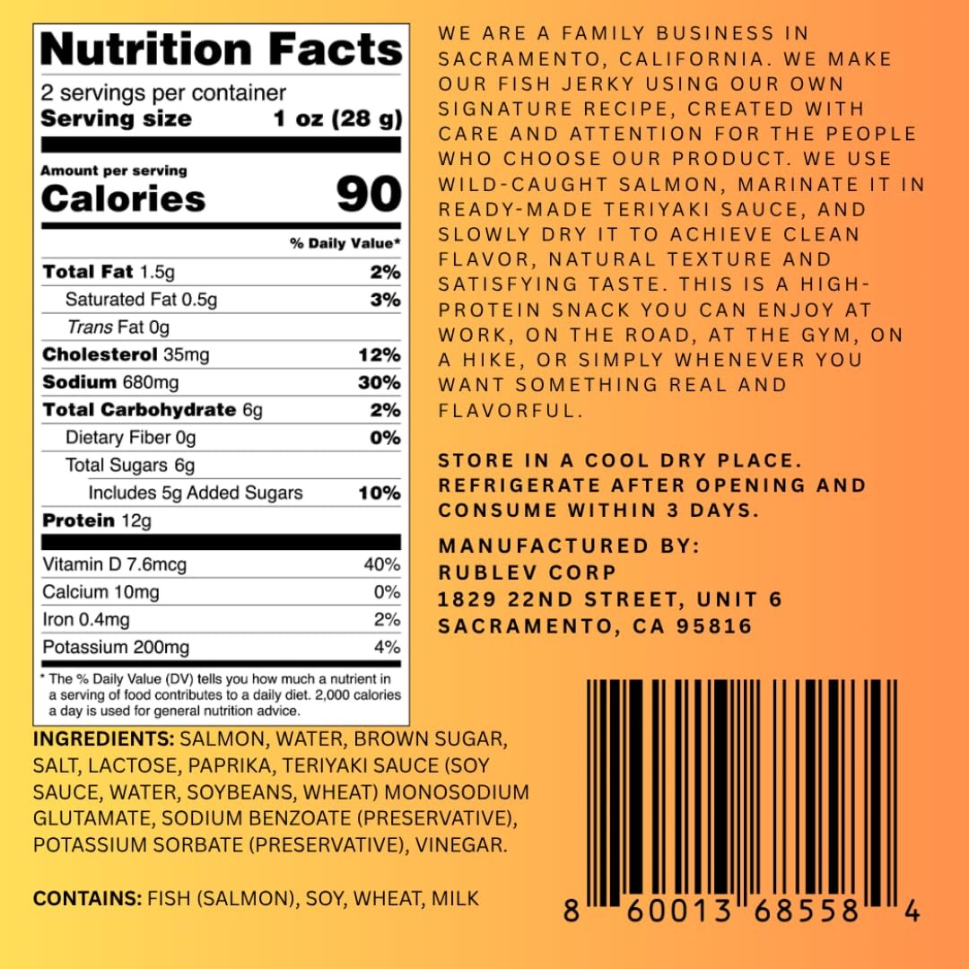 Teriyaki Salmon Jerky – Wild Caught, High Protein, Low Carb Snack, 2 oz
