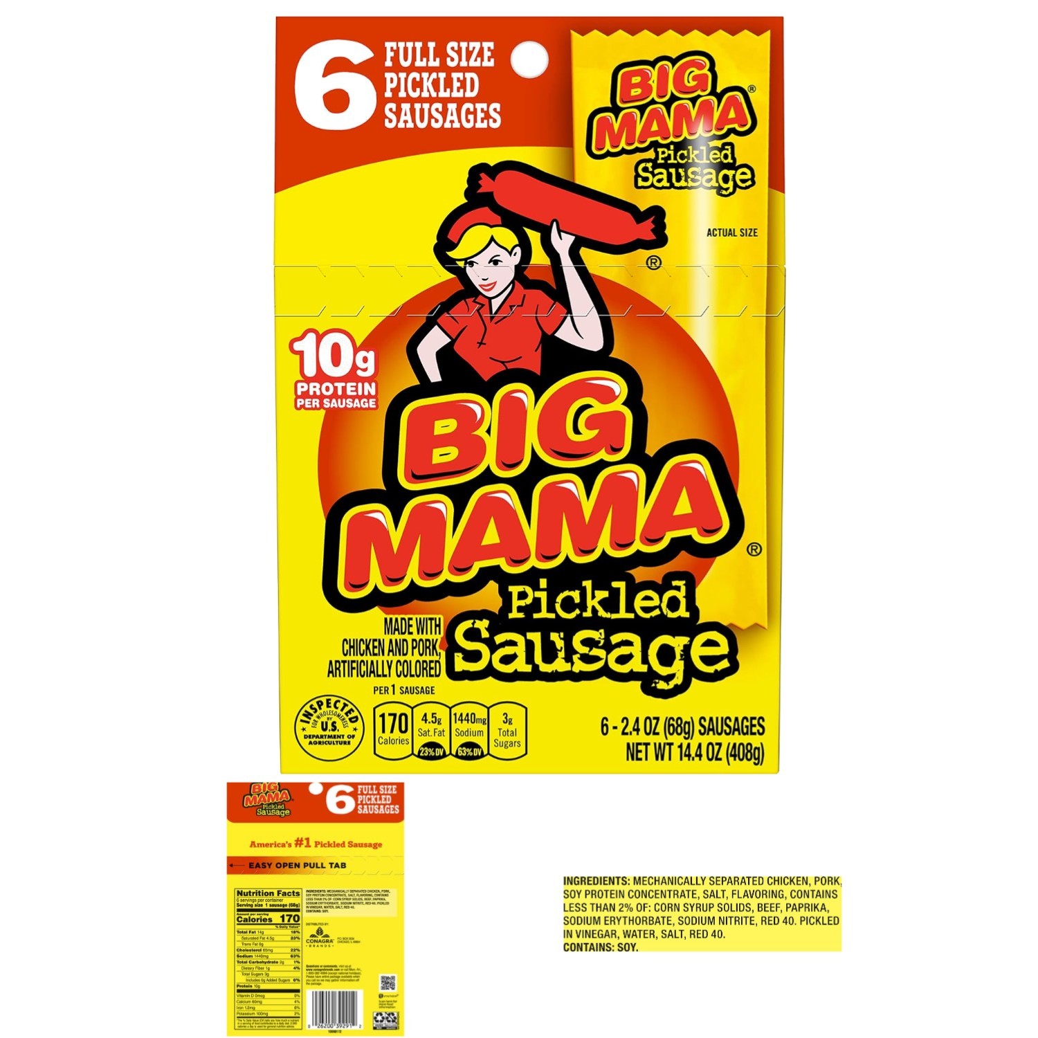 Delicious Big Mama Pickled Sausages, 2.4 oz (6 Pack) – High Protein Treat