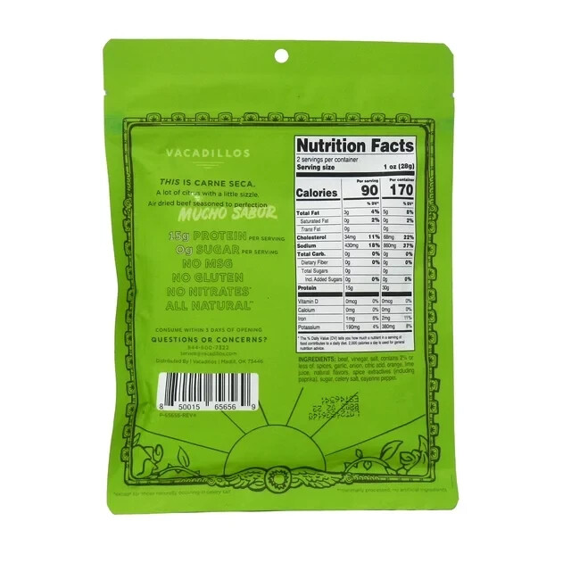 Vacadillos Air-Dried Beef Jerky Carne Seca, Chile Lime 2 oz