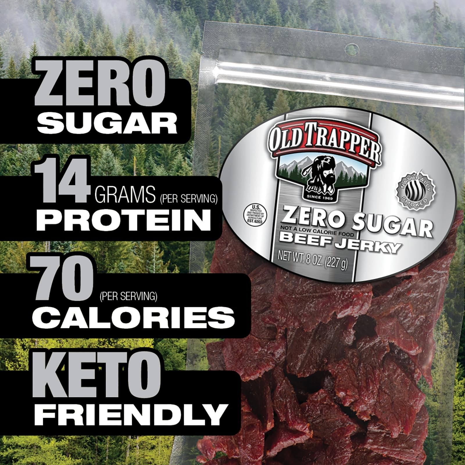 Old Trapper Zero Sugar Beef Jerky, Eight-Ounce Individual Package, Natural Wood