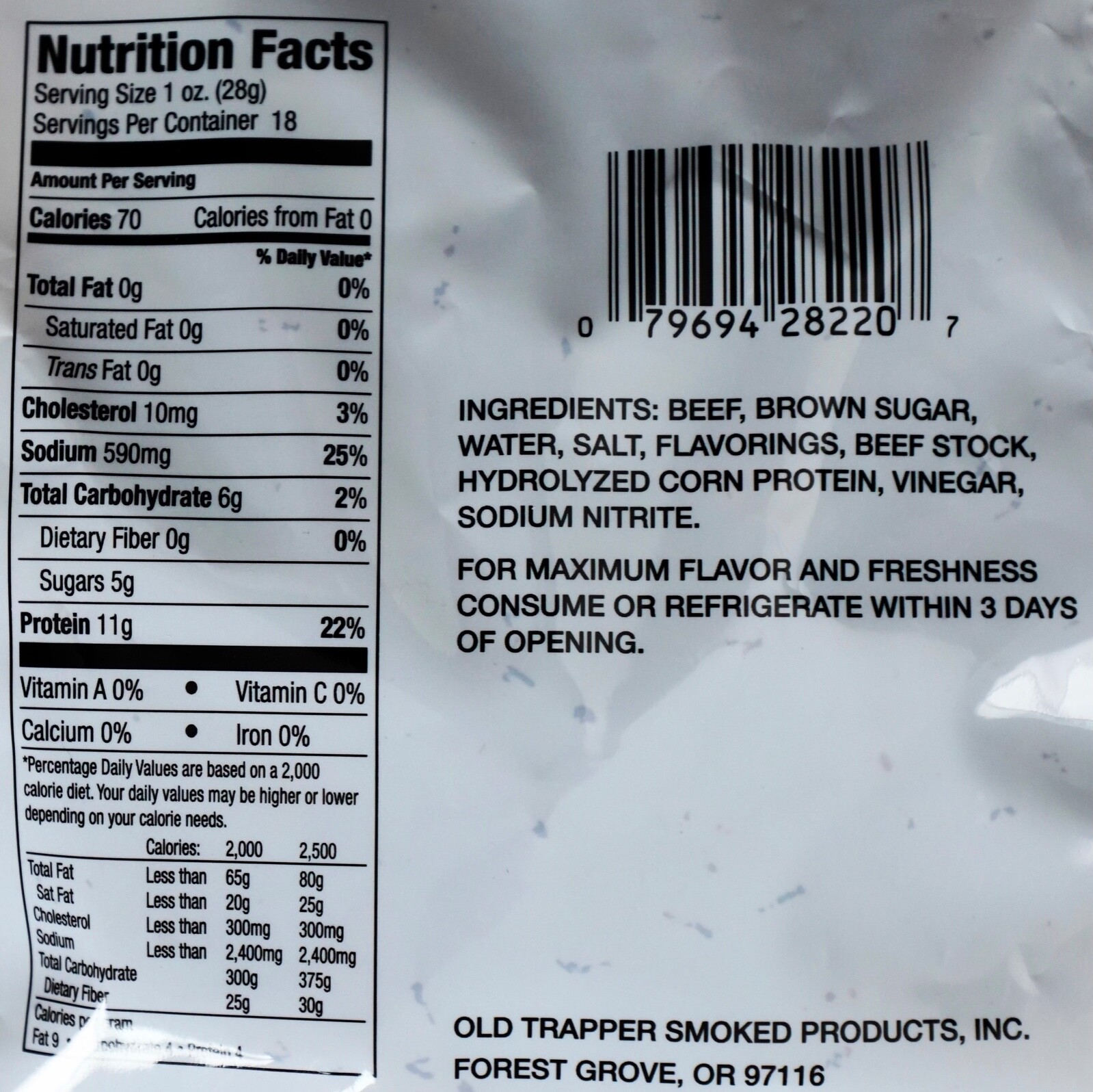 Old Trapper Peppered Beef Jerky Naturally Smoked Family-Size, 18 Ounces