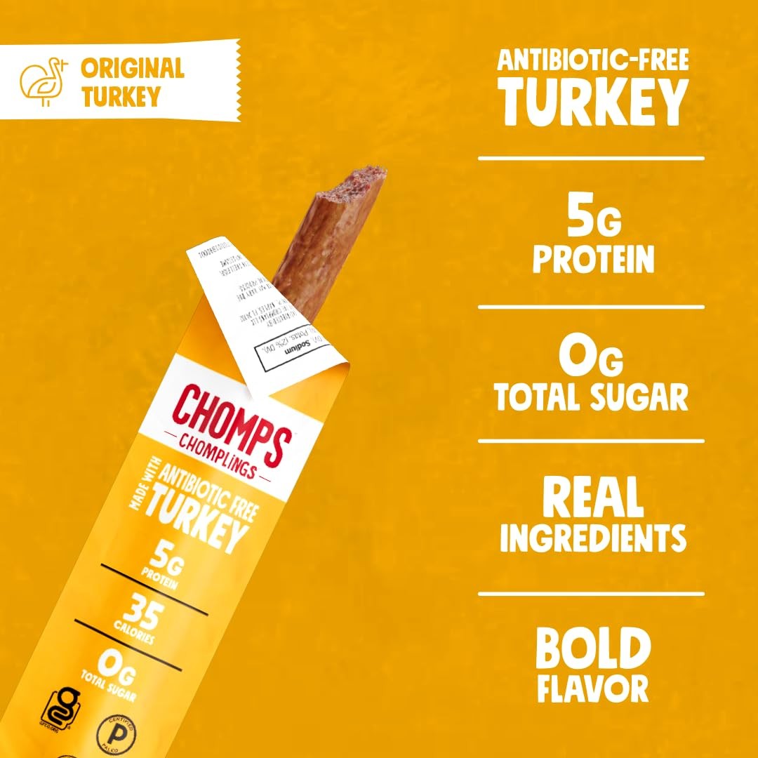 CHOMPS MINI Free Range Turkey Jerky Meat Snack Sticks, Original, 0.5oz (6 count)
