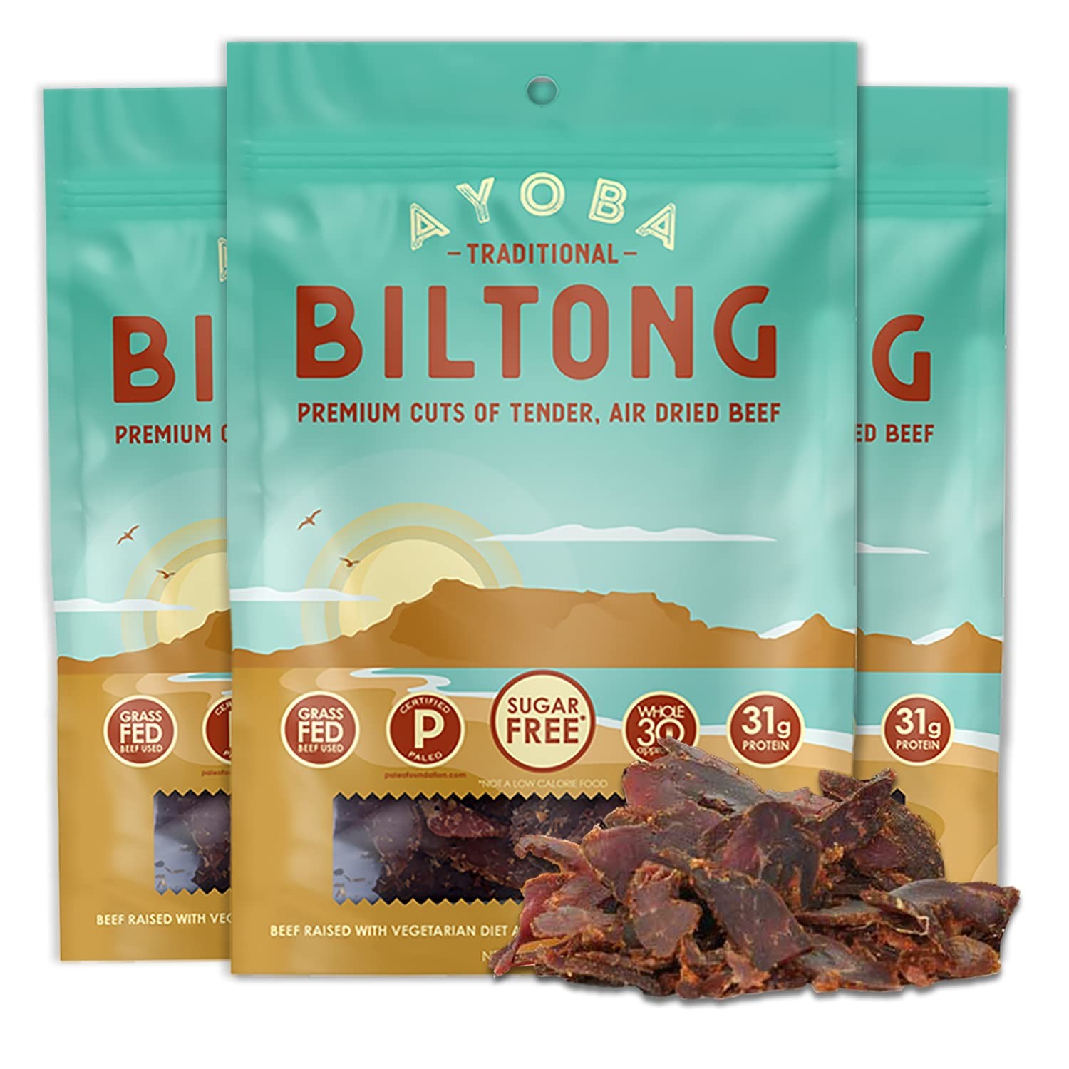 Ayoba Grass Fed Beef Biltong Slices 2oz – Keto, Paleo, Gluten-Free (Pack of 3)