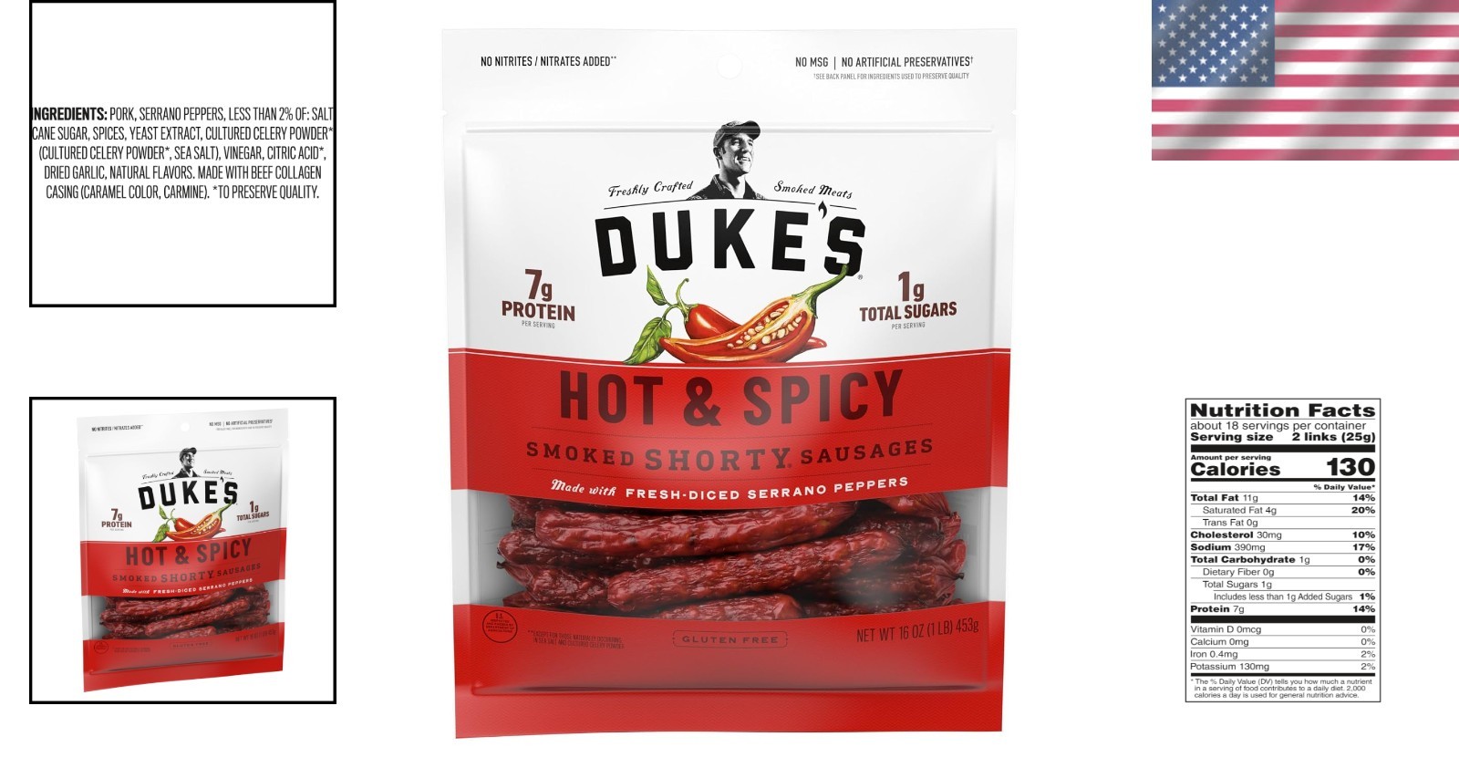 16oz Duke’s Hot & Spicy Pork Sausages – 7g Protein, Gluten-Free Gourmet Treat