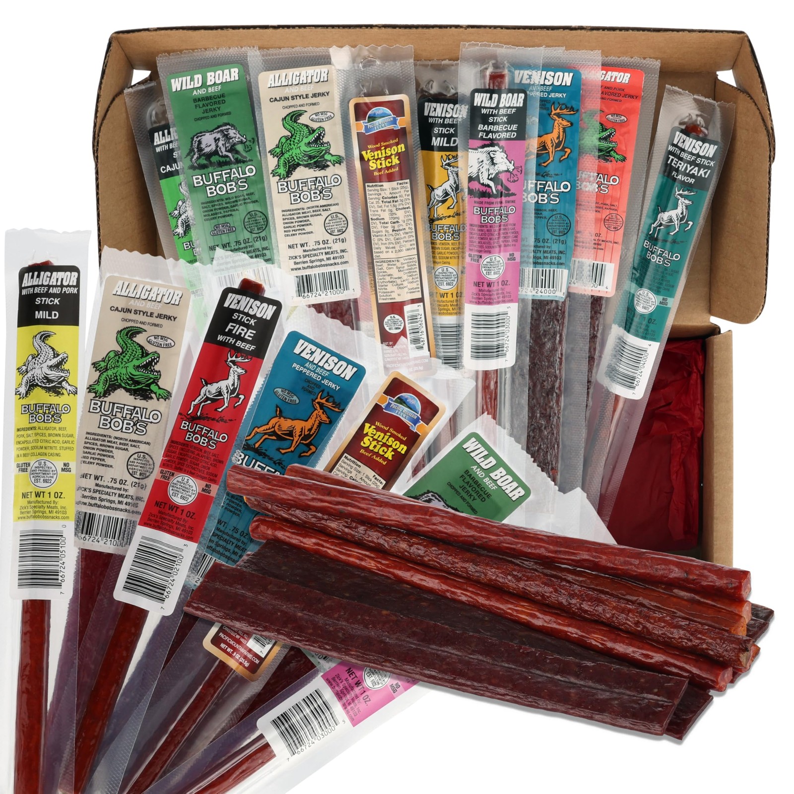 Jerky Snack Variety Pack – 12 Pieces Beef, Venison, Wild Boar, Alligator – Bold