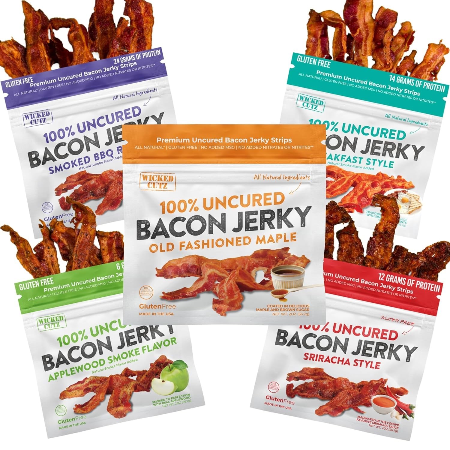 Bacon Jerky Variety Pack | 5 Flavors & Up to 24g Protein 2 Ounce (Pack of 5)