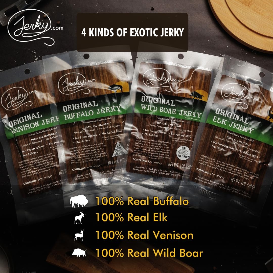 Jerky.com Exotic Jerky Variety Pack | 4pc Wild Game 1 Ounce (Pack of 4)