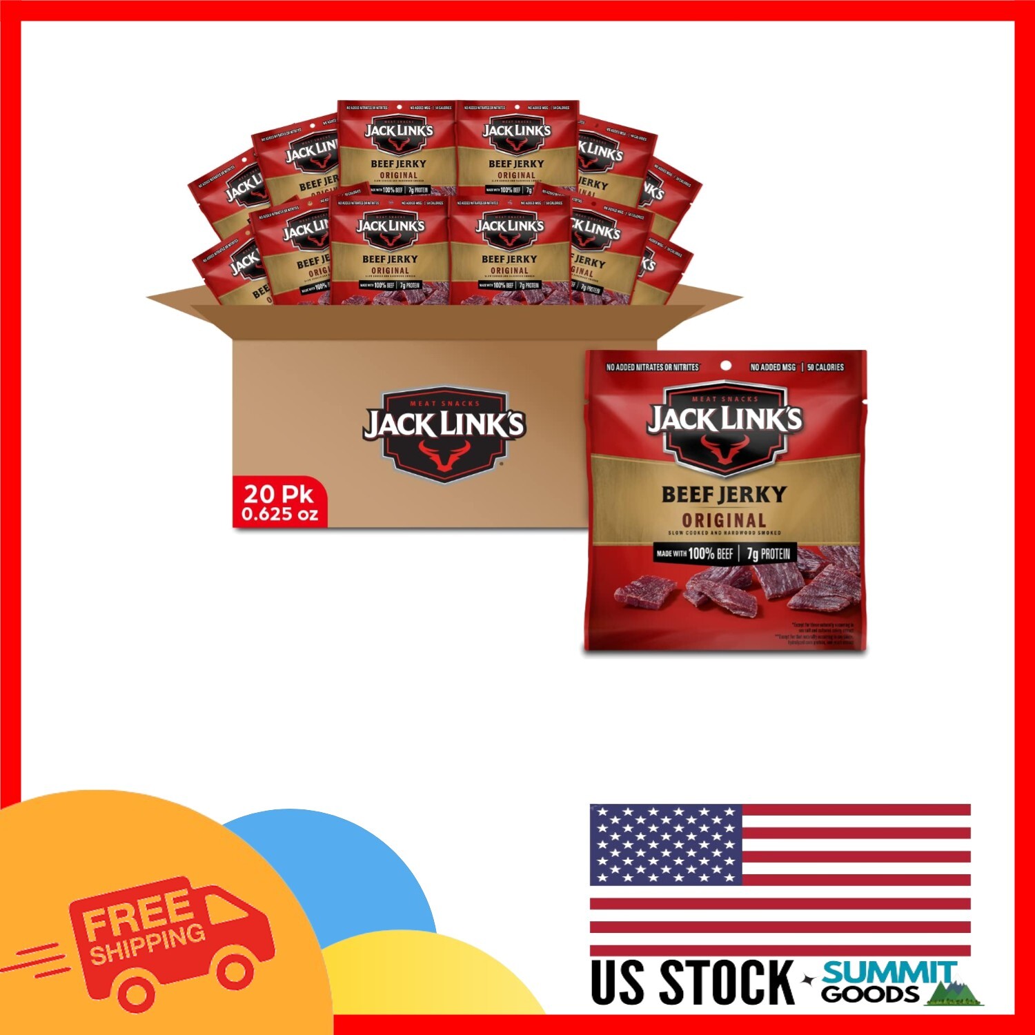Delicious 100% Beef Jerky – 20 Individual Packs, 7g Protein, No Refrigeration