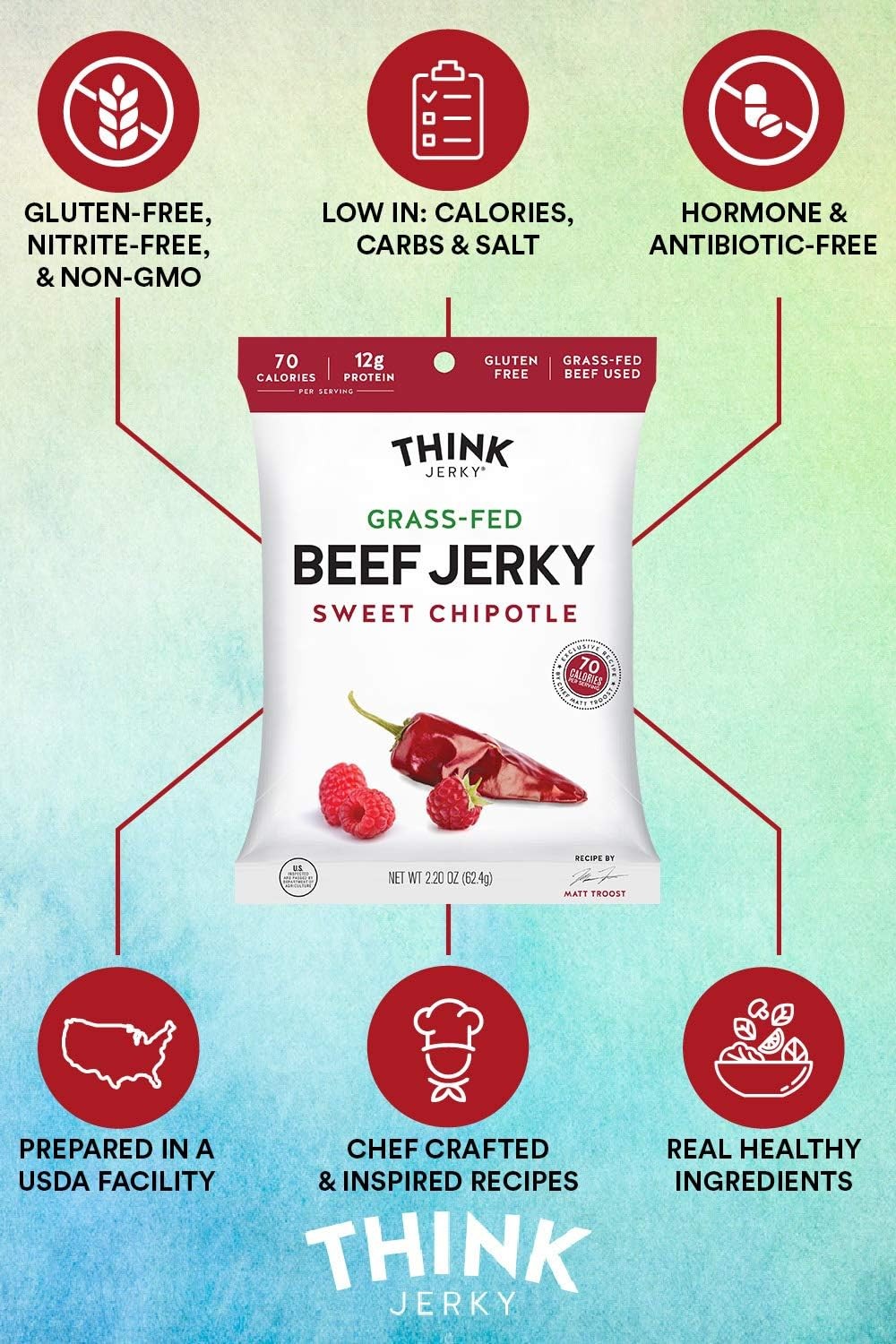 Think Jerky Sweet Chipotle Beef Jerky, GrassFed High Protein Beef Jerky, Glut…