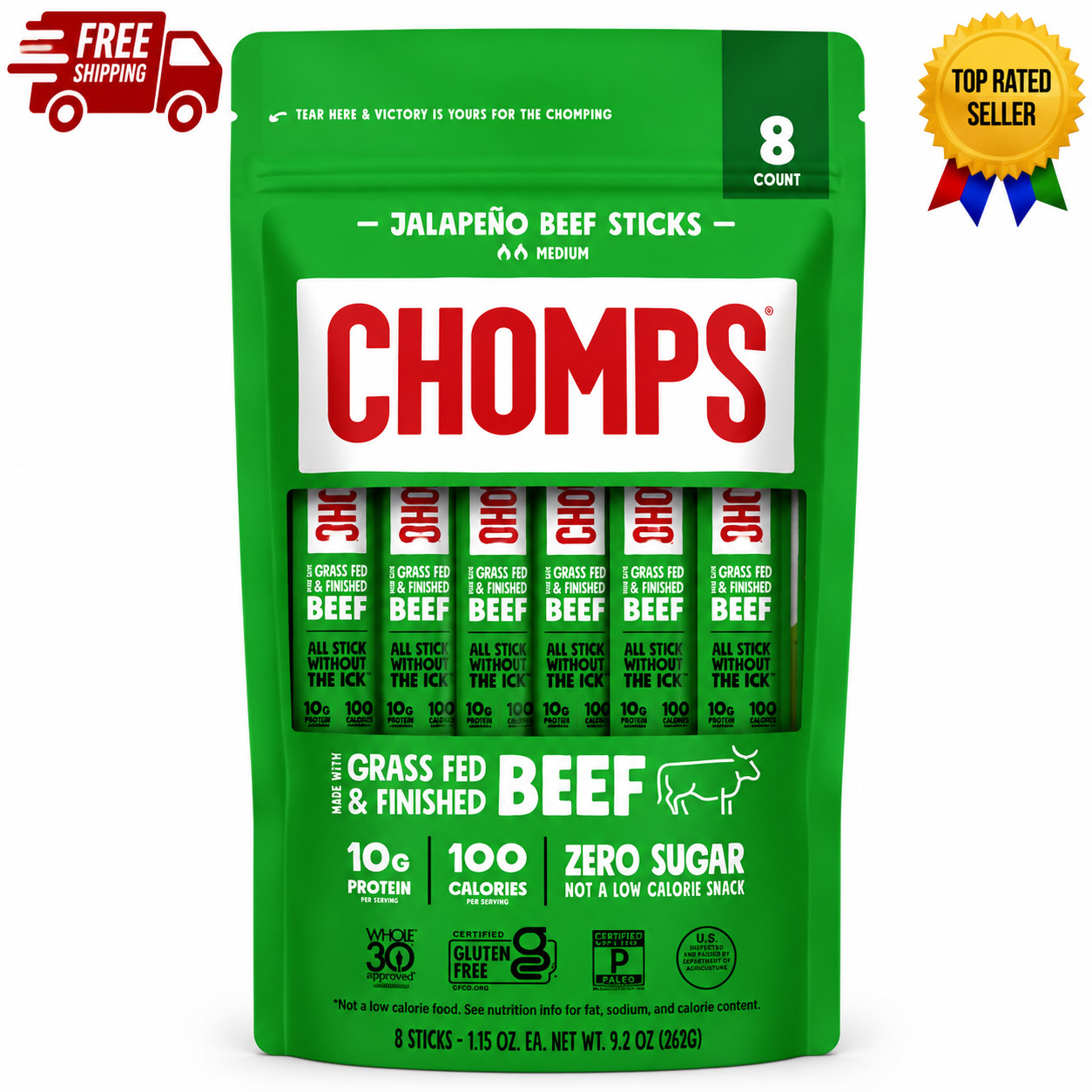 Chomps Jalapeño Beef Jerky Sticks Grass Fed Protein Snack 8 Count