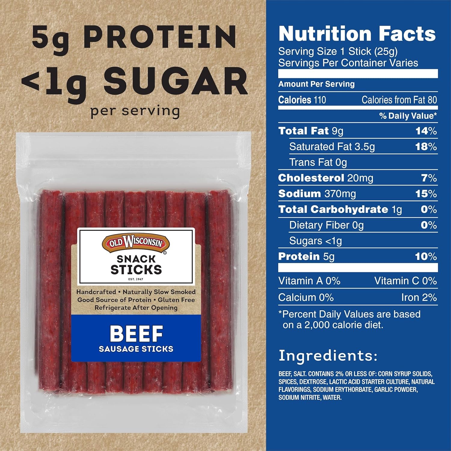 Old Wisconsin Beef Sausage Snack Sticks, Naturally Smoked, High Protein