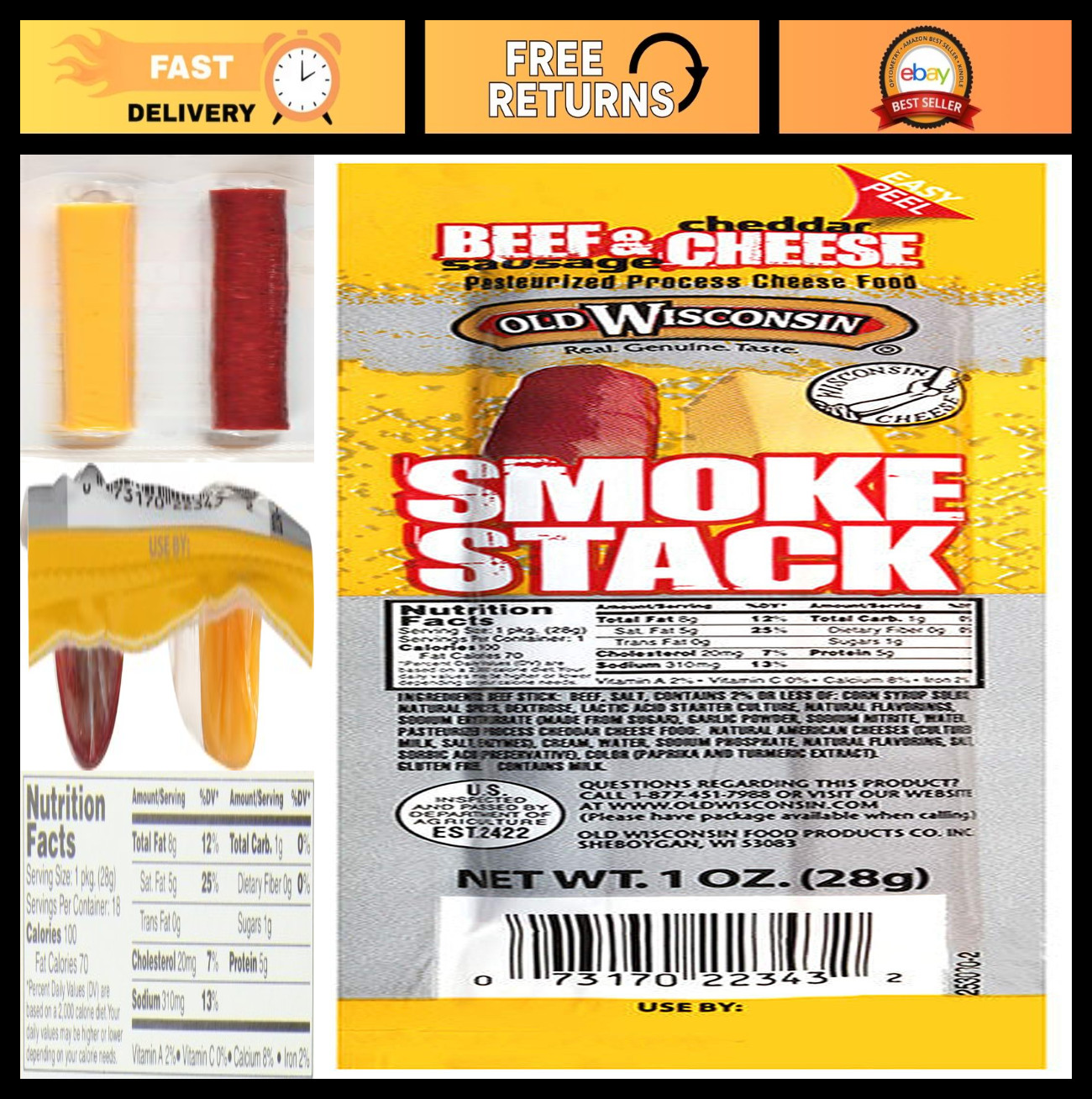 Cheddar Beef Sticks Snack, 1oz Pack of 18, High-Protein Meat Snack, Gluten-Free