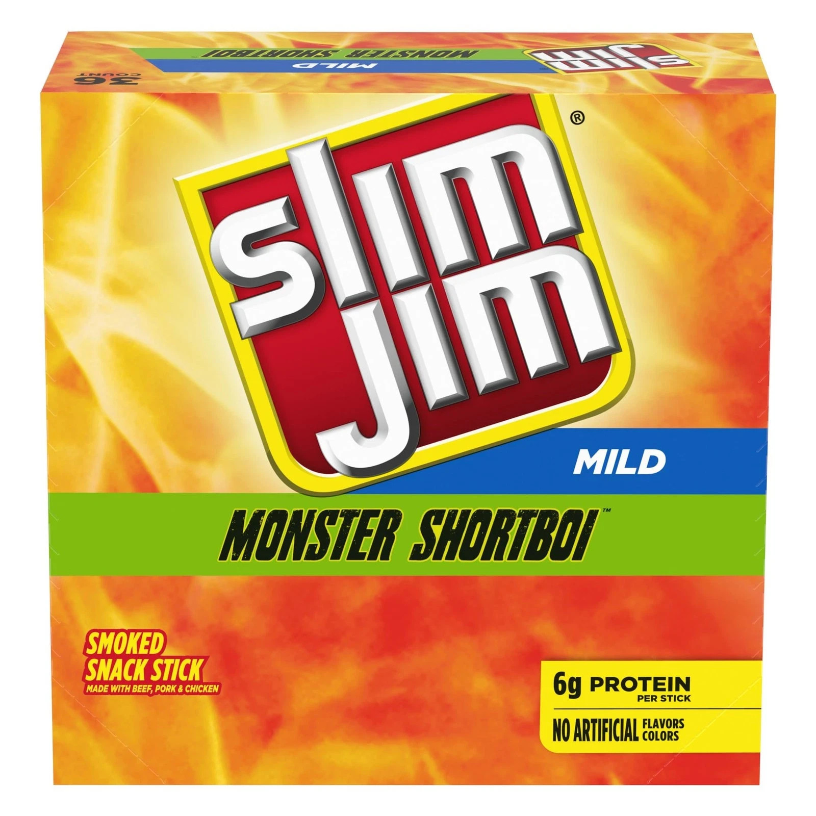 36 Slim Jim Monster Shortboi Mild Meat Sticks .97oz (1 New Box) – BEST BY 12/26