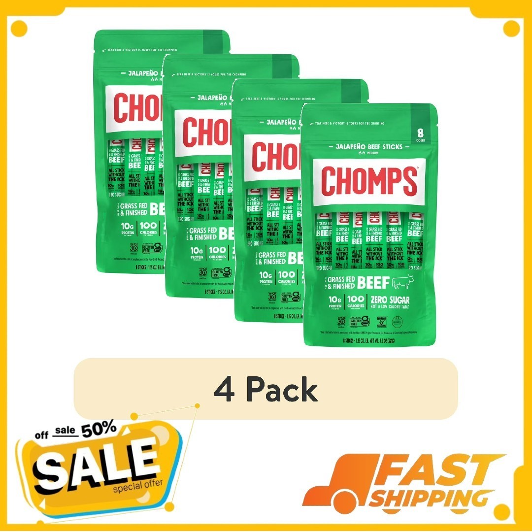 (4 pack) Chomps Grass-Fed and Finished Jalapeño Beef Jerky Snack Sticks, 8ct