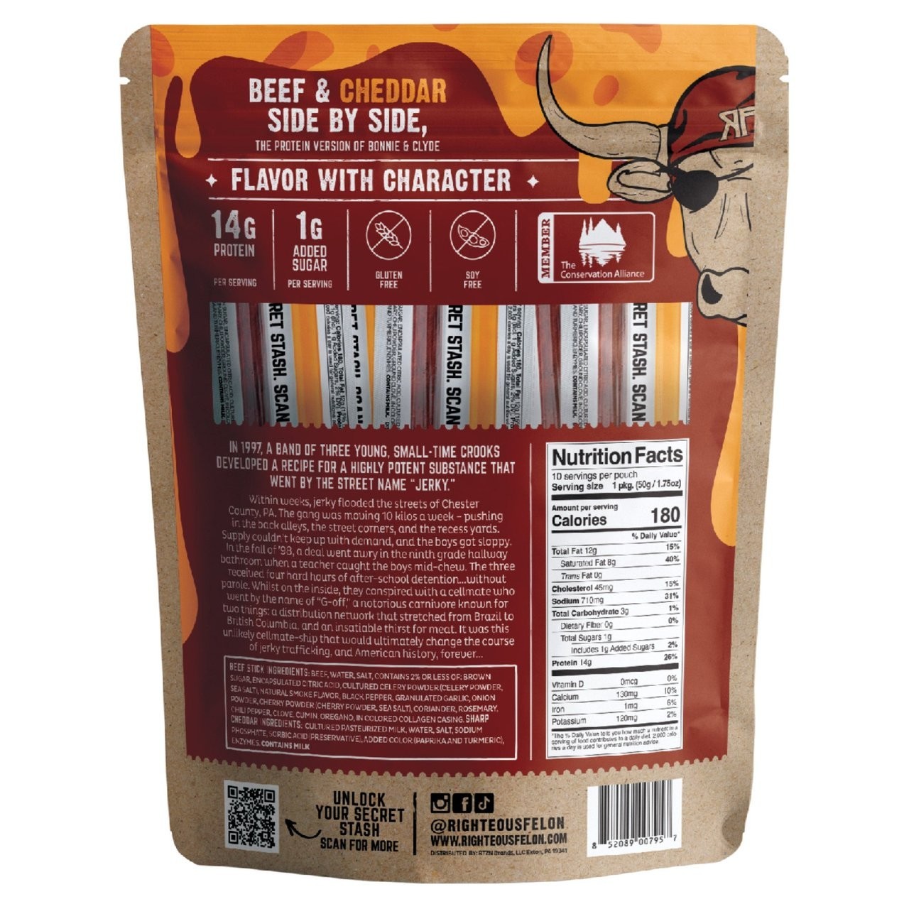 Righteous Felon O.G. Hickory Beef Stick & Cheddar Cheese, 1.75 oz, 10-count