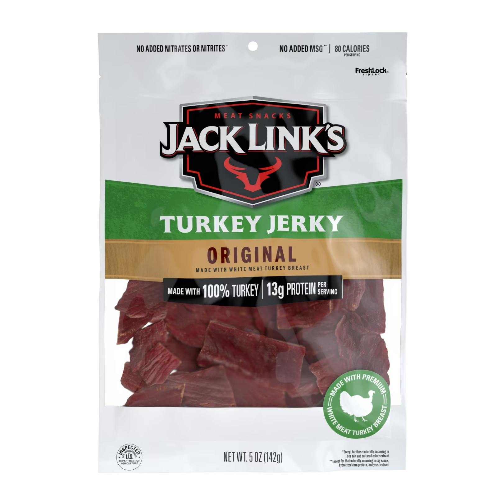 Turkey Jerky original 100% Turkey 13g protein Per Serving 5 Ounce Resealable Bag