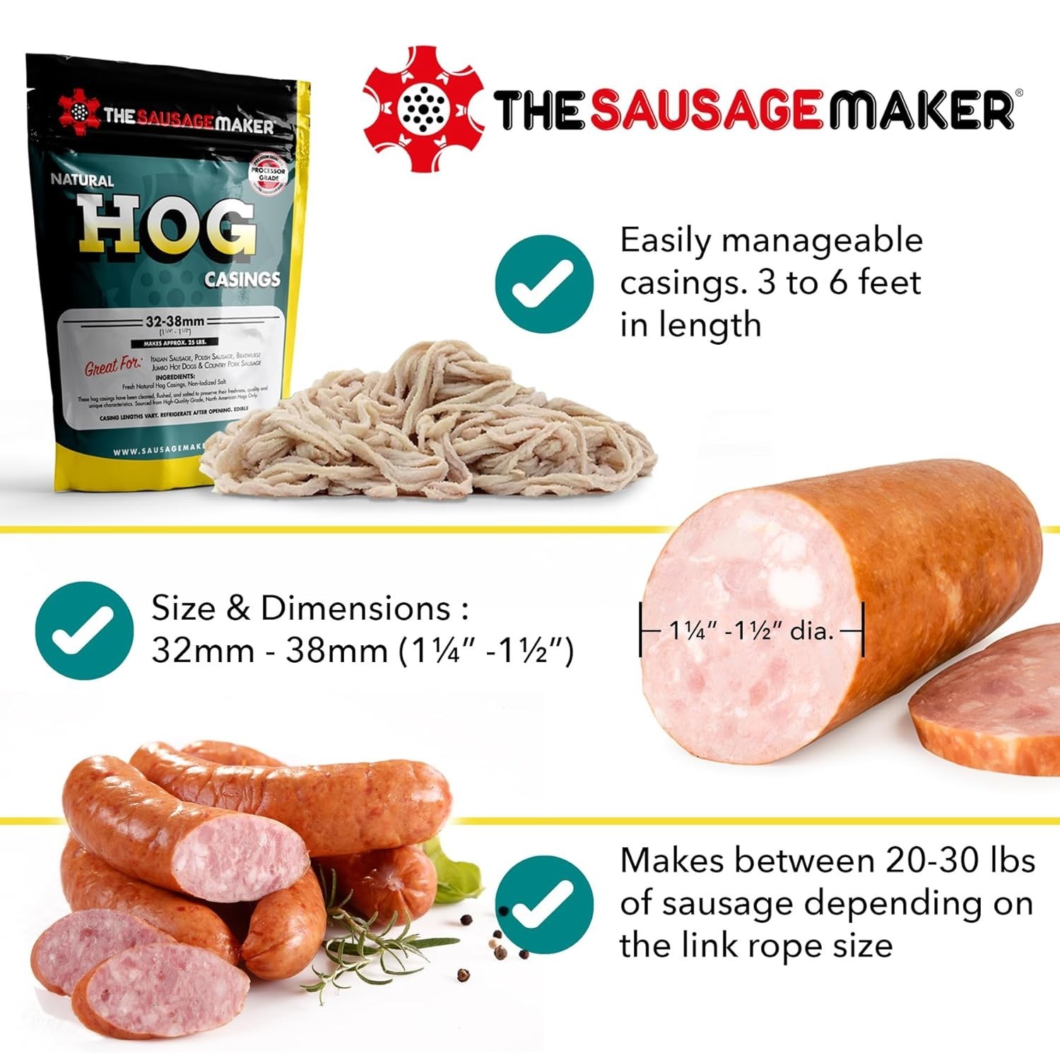Versatile Natural Hog Casings, 32-38mm, Perfect for 25+ lbs Meat Stuffing