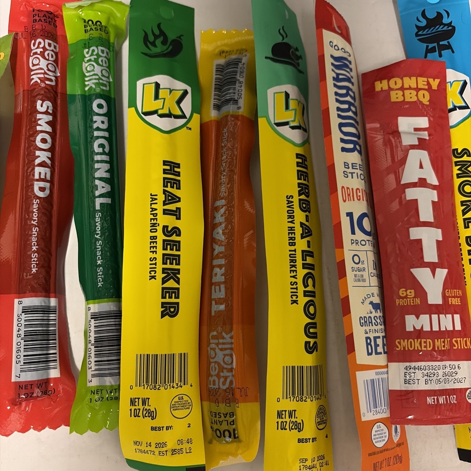 ￼Lot Of 9 Beef Jerk Snack Sticks Various Fatty Mini Smoke Show Bean Stalk lK
