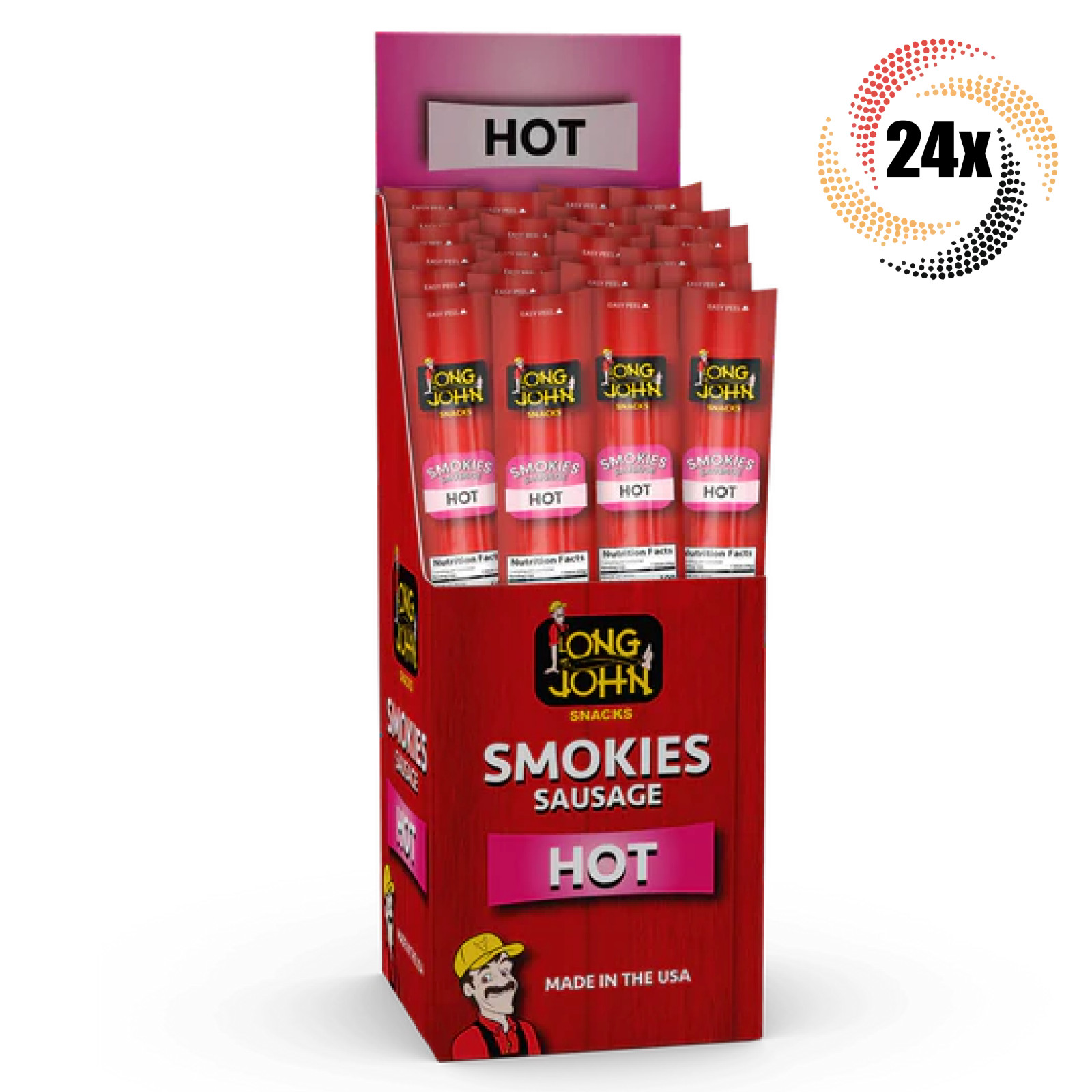 Full Box 24x Sticks Long John Smokies Hot Smoked & Pickled Sausage Stick | 1oz