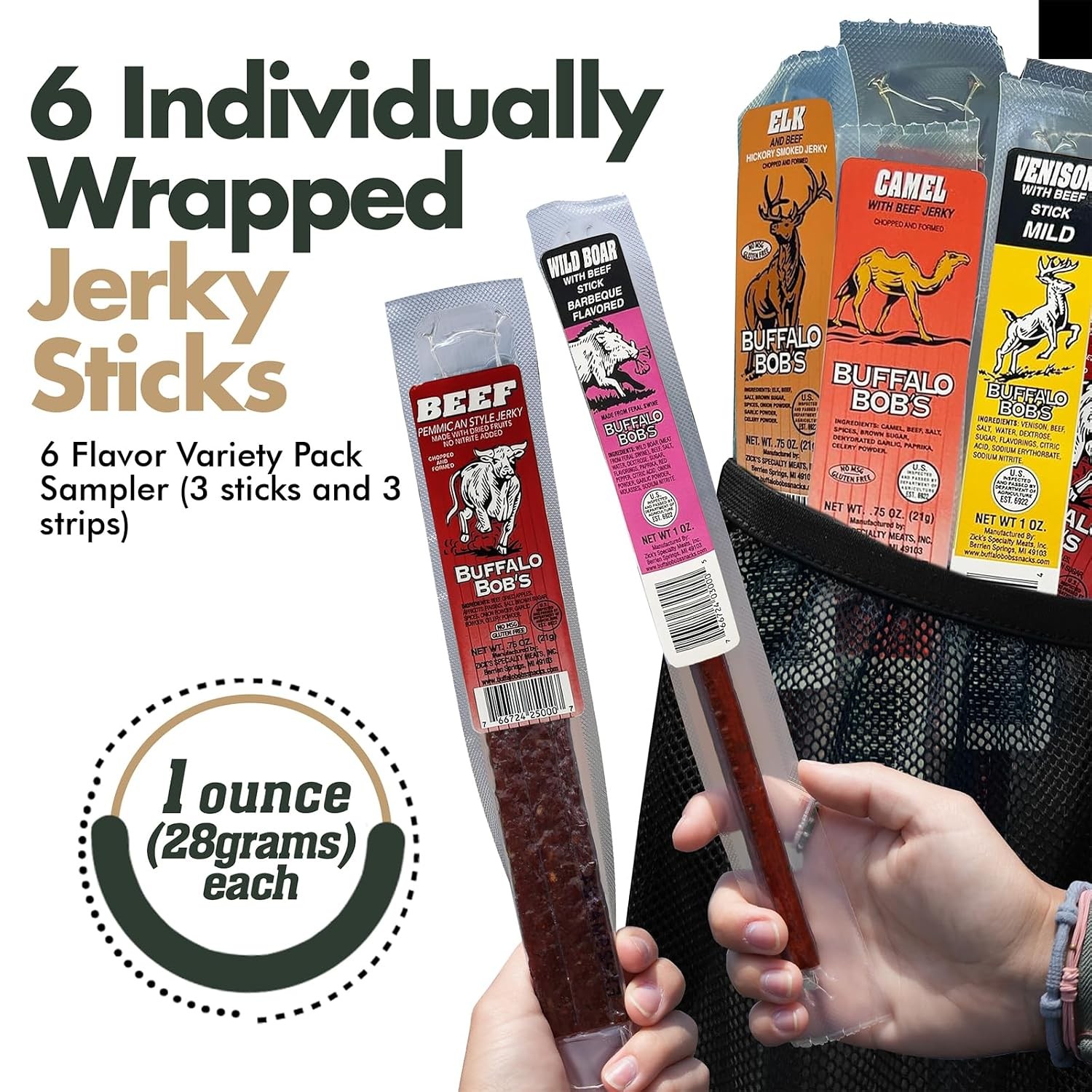 Buffalo Bob’s Exotic Meat Jerky Variety Pack 6 Wild Game Snack Sticks Gift Box..