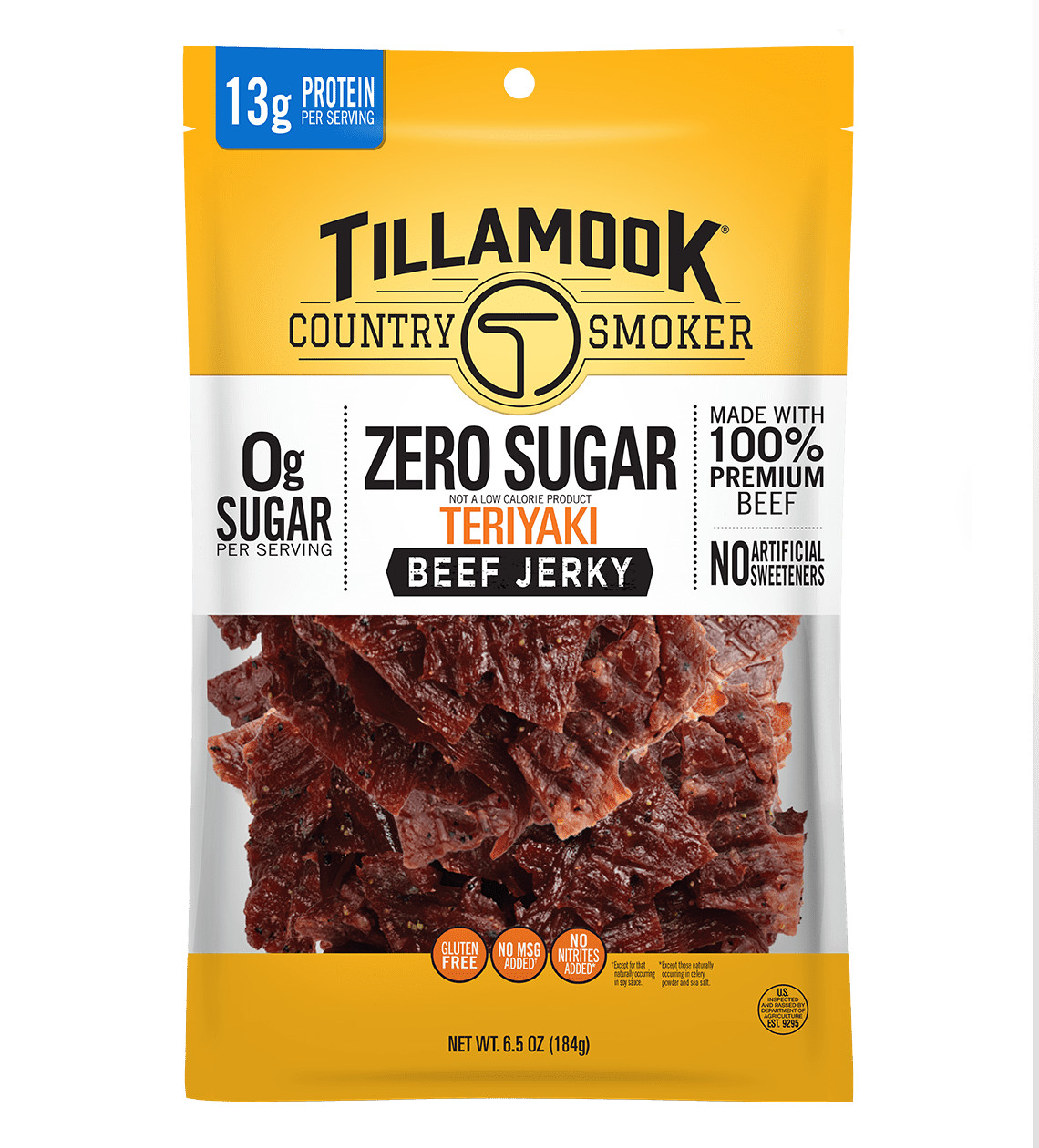 Zero Sugar Teriyaki Beef Jerky, Savory Smoked Meat Snack, 6.5 oz Resealable Bag